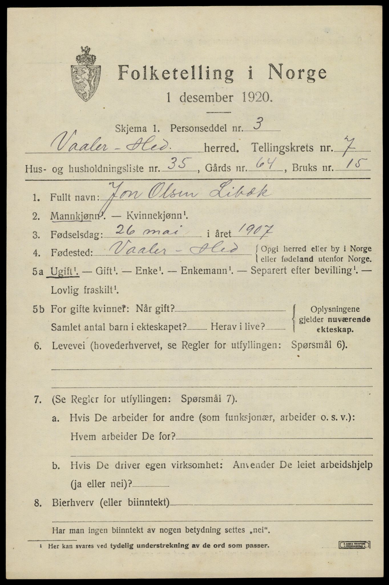 SAH, Folketelling 1920 for 0426 Våler herred, 1920, s. 7911