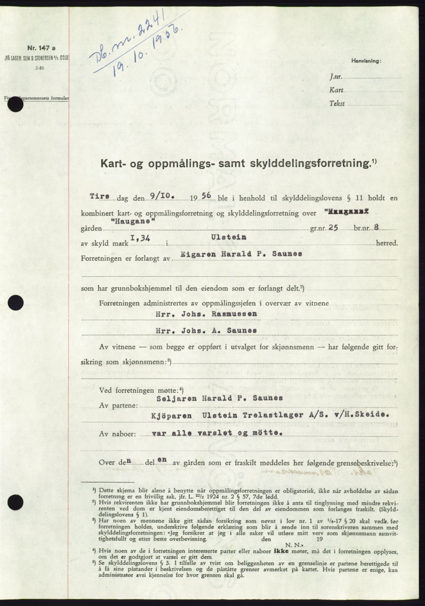 Søre Sunnmøre sorenskriveri, AV/SAT-A-4122/1/2/2C/L0104: Pantebok nr. 30A, 1956-1956, Dagboknr: 2241/1956