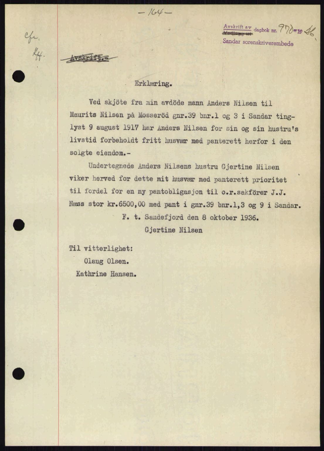 Sandar sorenskriveri, SAKO/A-86/G/Ga/Gab/L0001: Pantebok nr. B-1 og B-3 - B-9, 1936-1944, Dagboknr: 970/1936