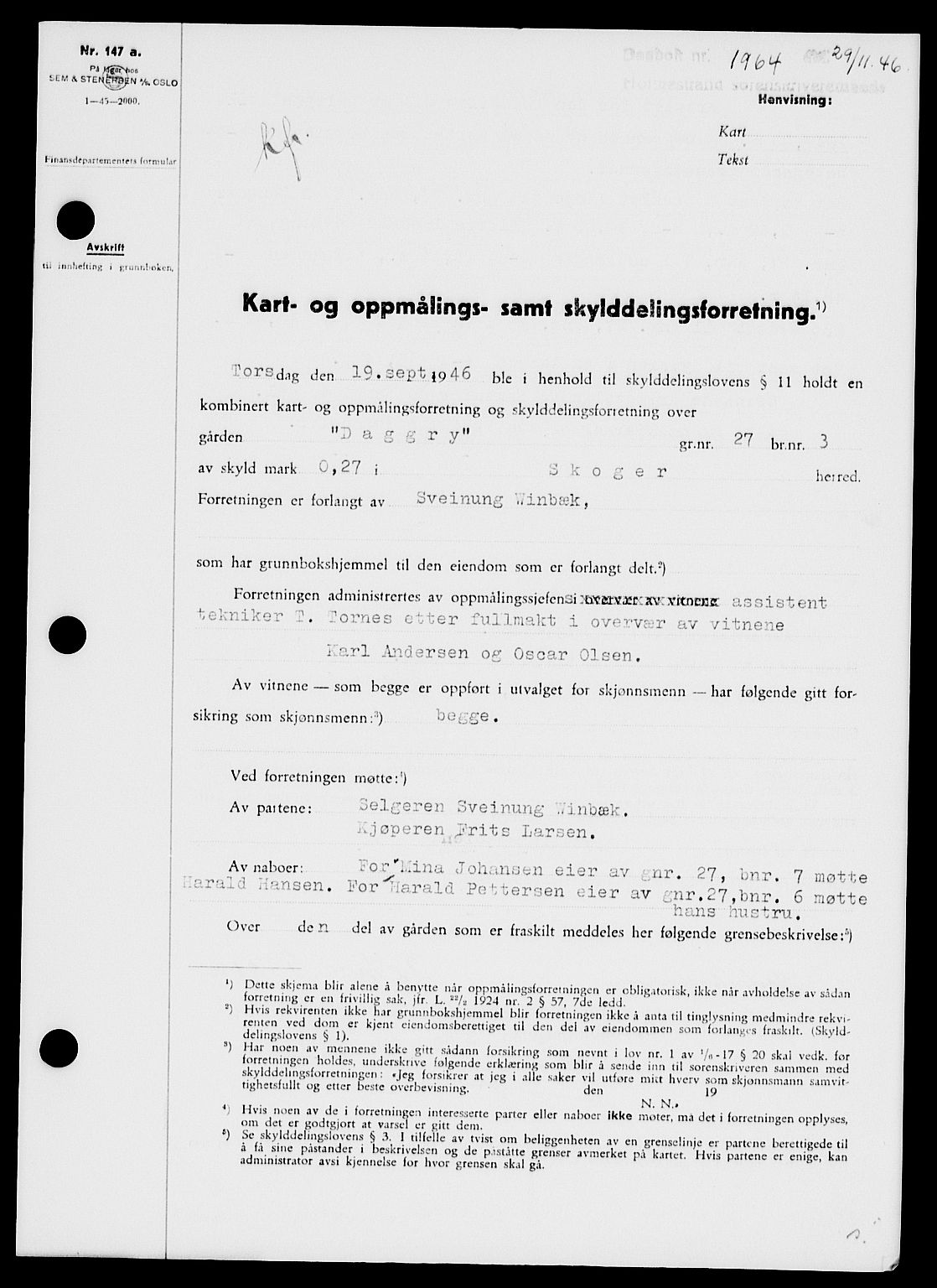 Holmestrand sorenskriveri, SAKO/A-67/G/Ga/Gaa/L0061: Pantebok nr. A-61, 1946-1947, Dagboknr: 1964/1946