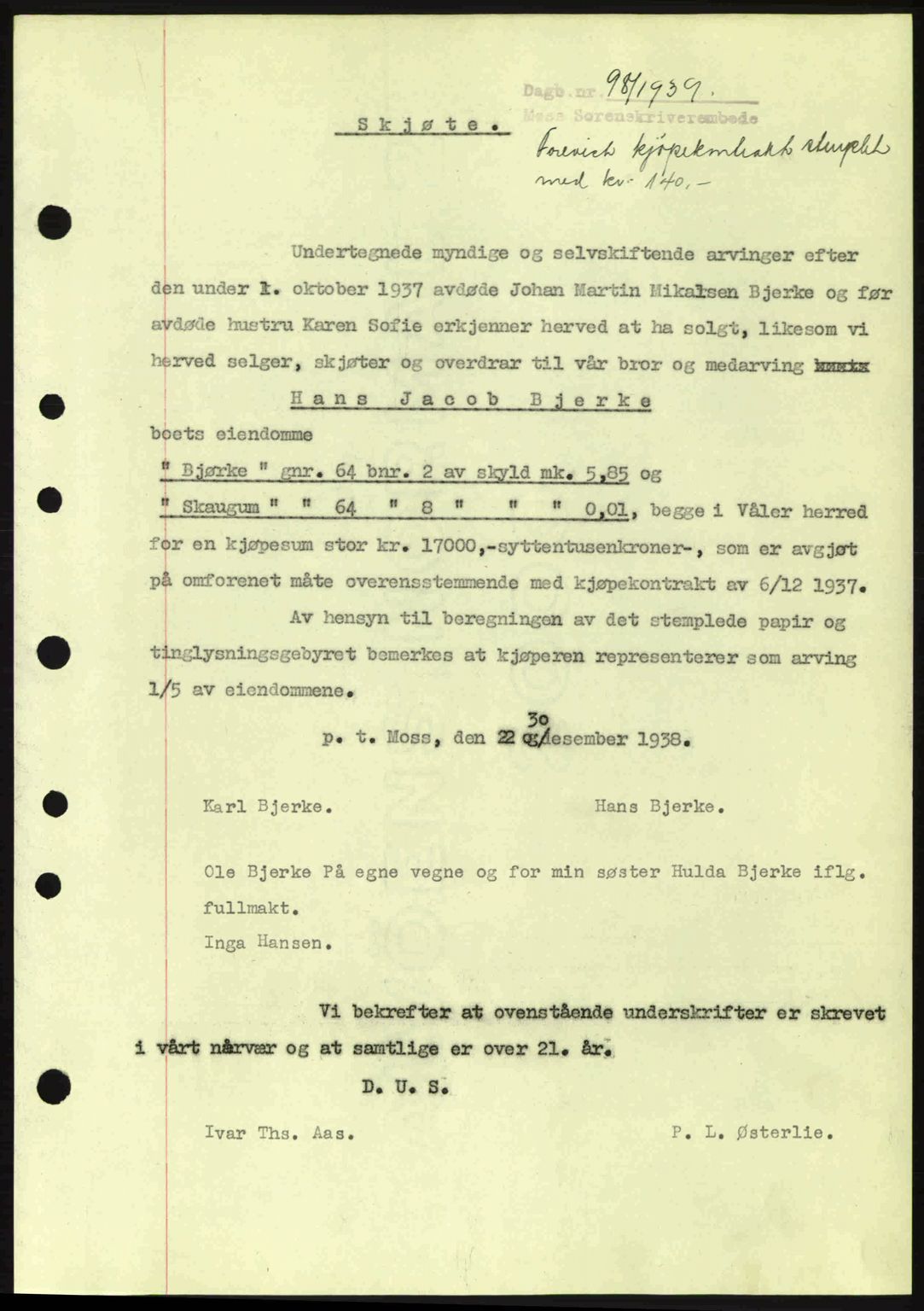 Moss sorenskriveri, SAO/A-10168: Pantebok nr. A5, 1938-1939, Dagboknr: 98/1939