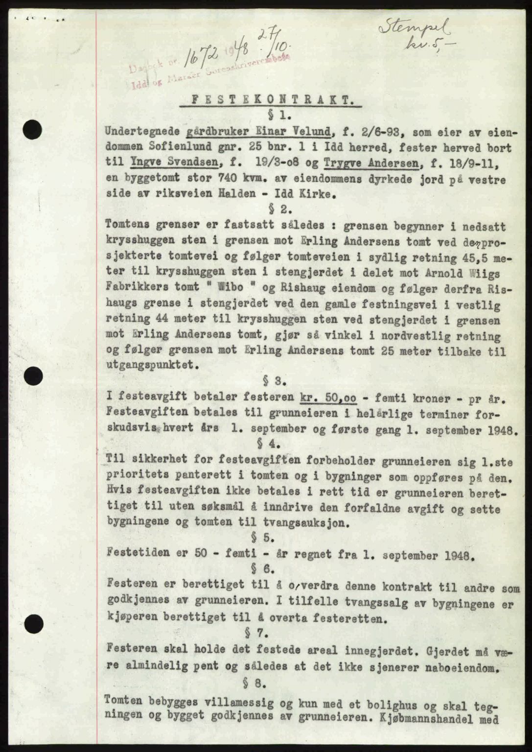 Idd og Marker sorenskriveri, SAO/A-10283/G/Gb/Gbb/L0011: Pantebok nr. A11, 1948-1949, Dagboknr: 1672/1948