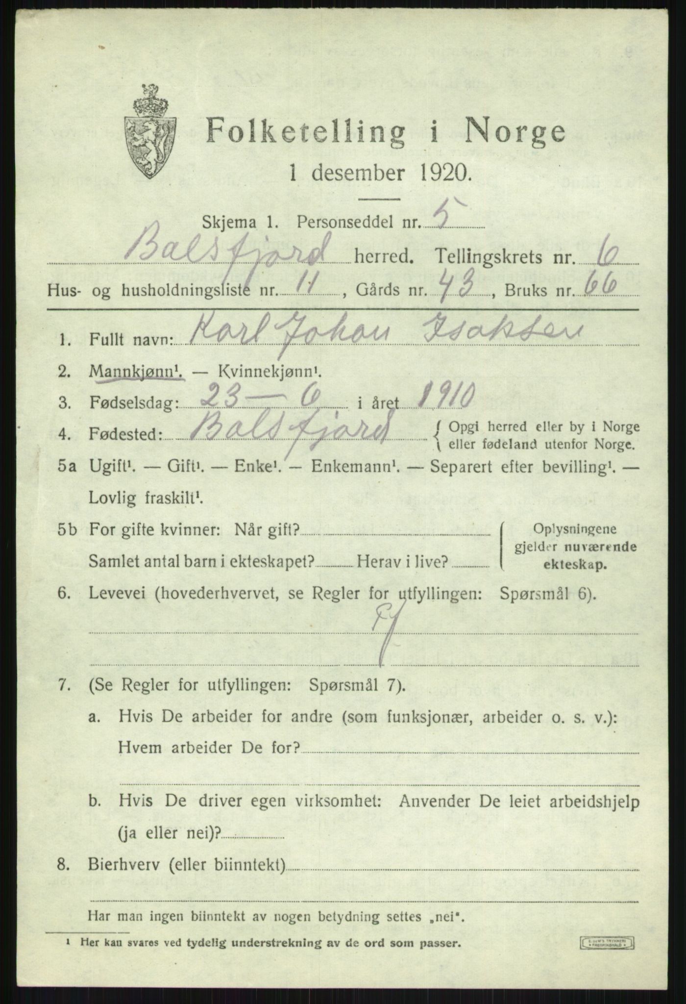SATØ, Folketelling 1920 for 1933 Balsfjord herred, 1920, s. 3852