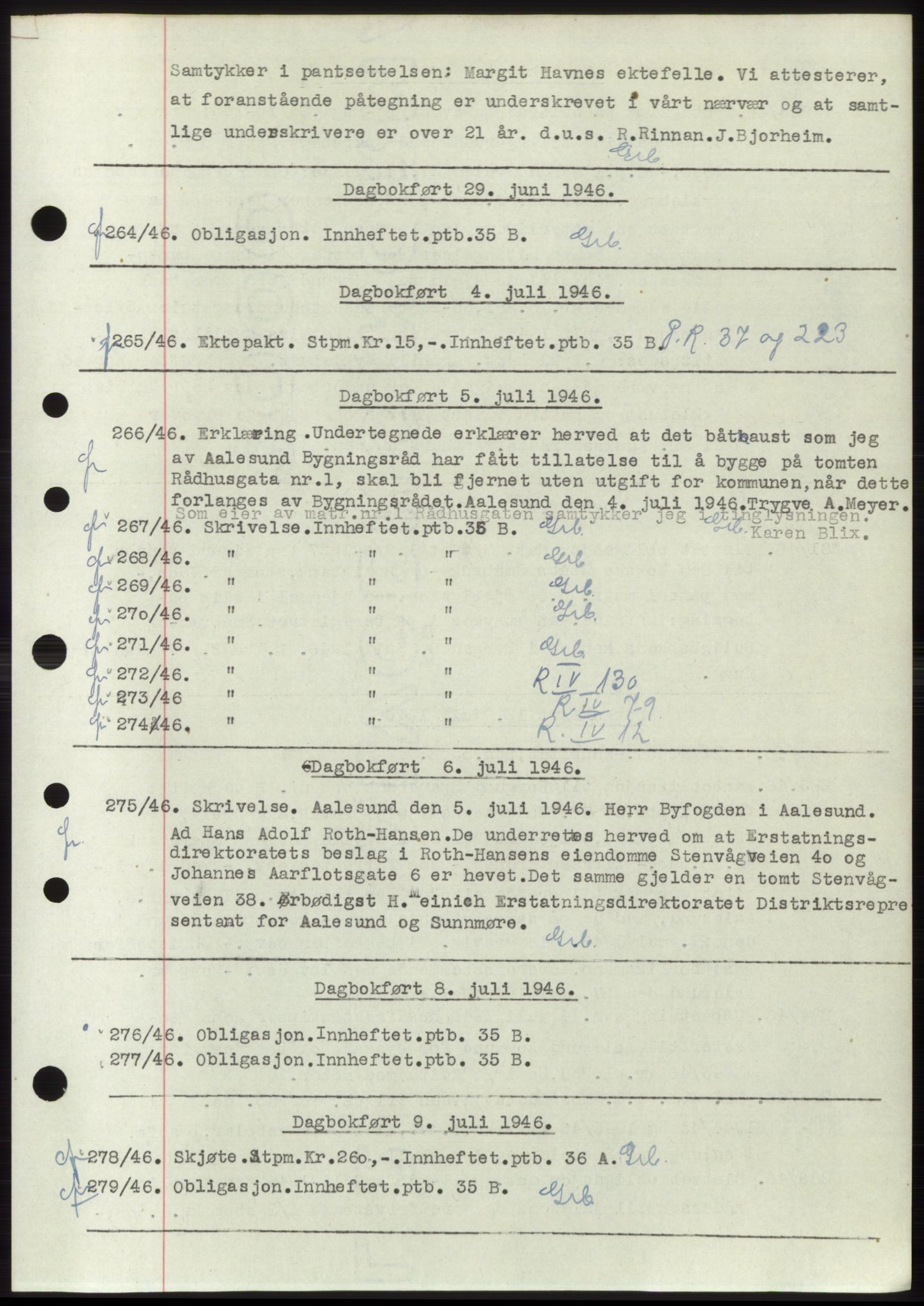 Ålesund byfogd, SAT/A-4384: Pantebok nr. C34-35, 1946-1950, Dagboknr: 264/1946