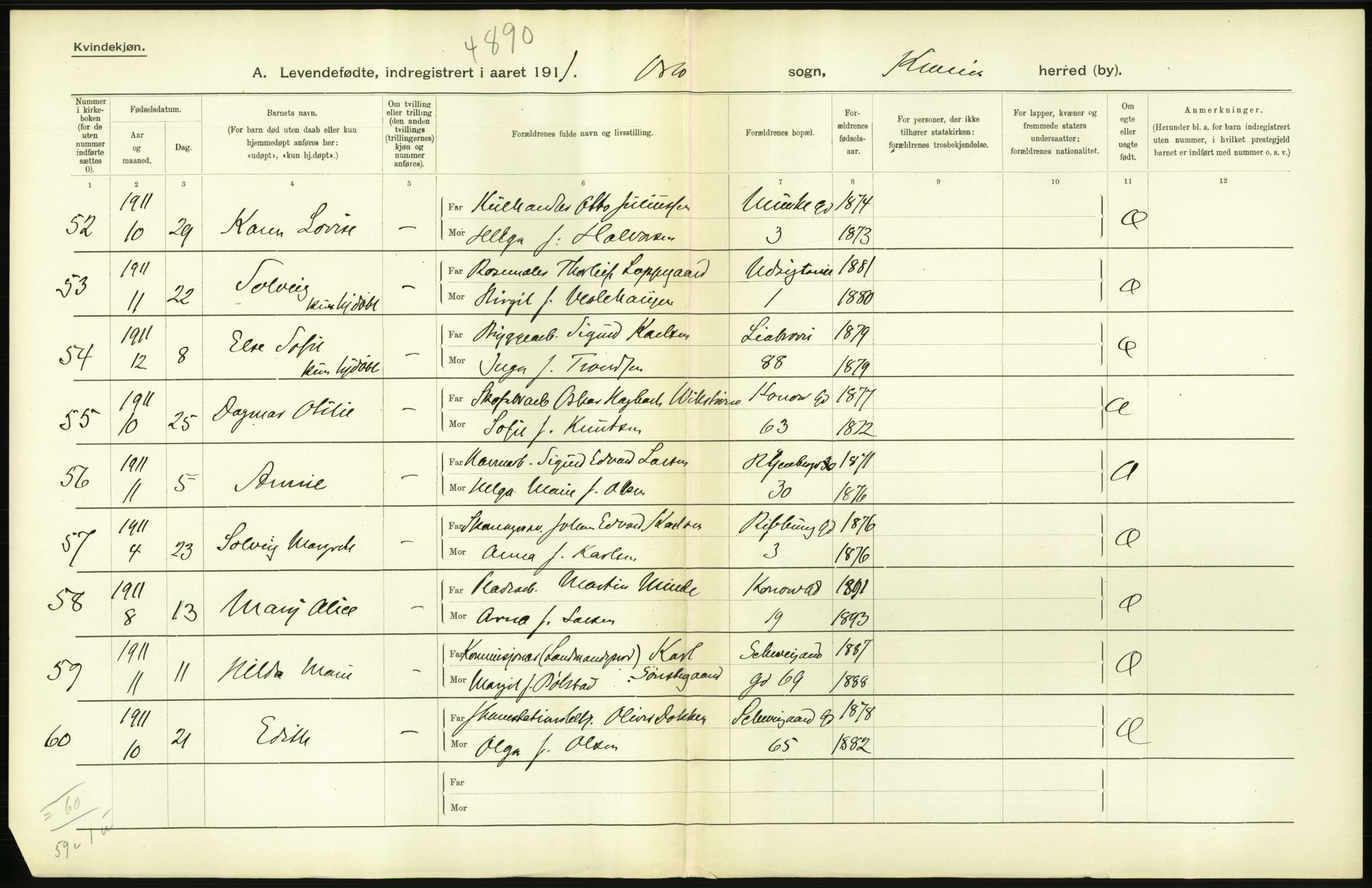 Statistisk sentralbyrå, Sosiodemografiske emner, Befolkning, AV/RA-S-2228/D/Df/Dfb/Dfba/L0007: Kristiania: Levendefødte kvinner., 1911, s. 480