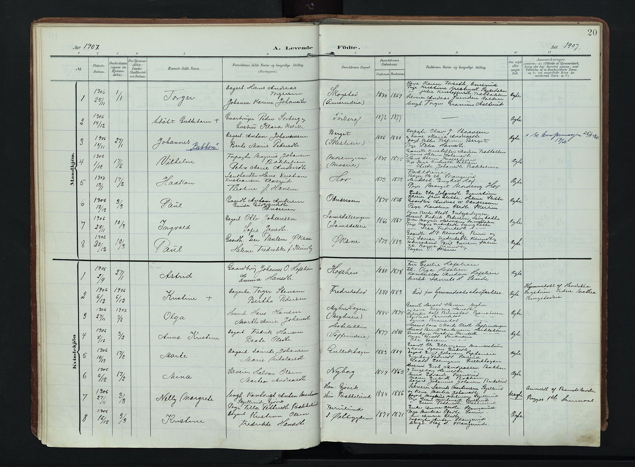 Søndre Land prestekontor, AV/SAH-PREST-122/K/L0007: Ministerialbok nr. 7, 1905-1914, s. 20