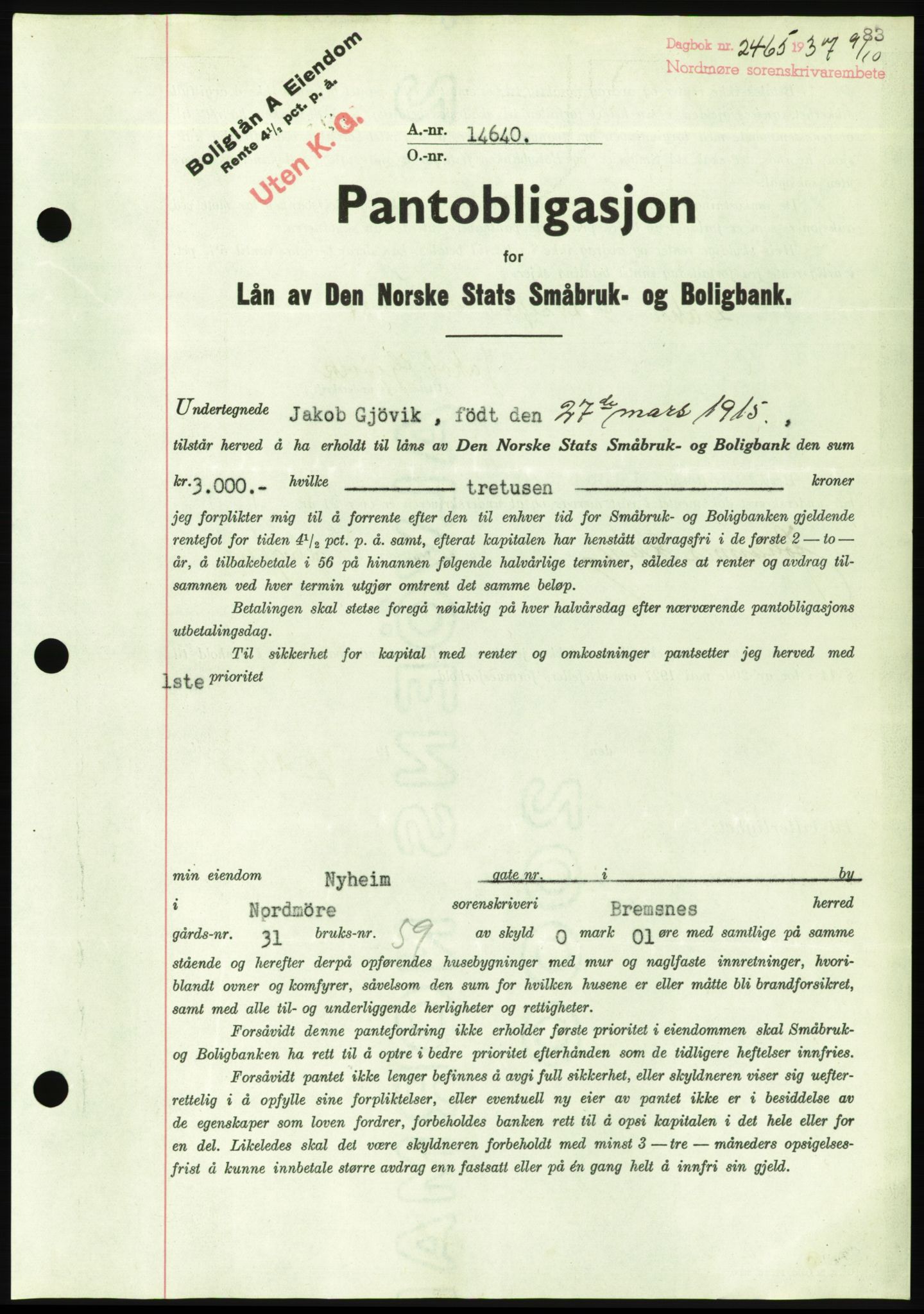 Nordmøre sorenskriveri, AV/SAT-A-4132/1/2/2Ca/L0092: Pantebok nr. B82, 1937-1938, Dagboknr: 2465/1937