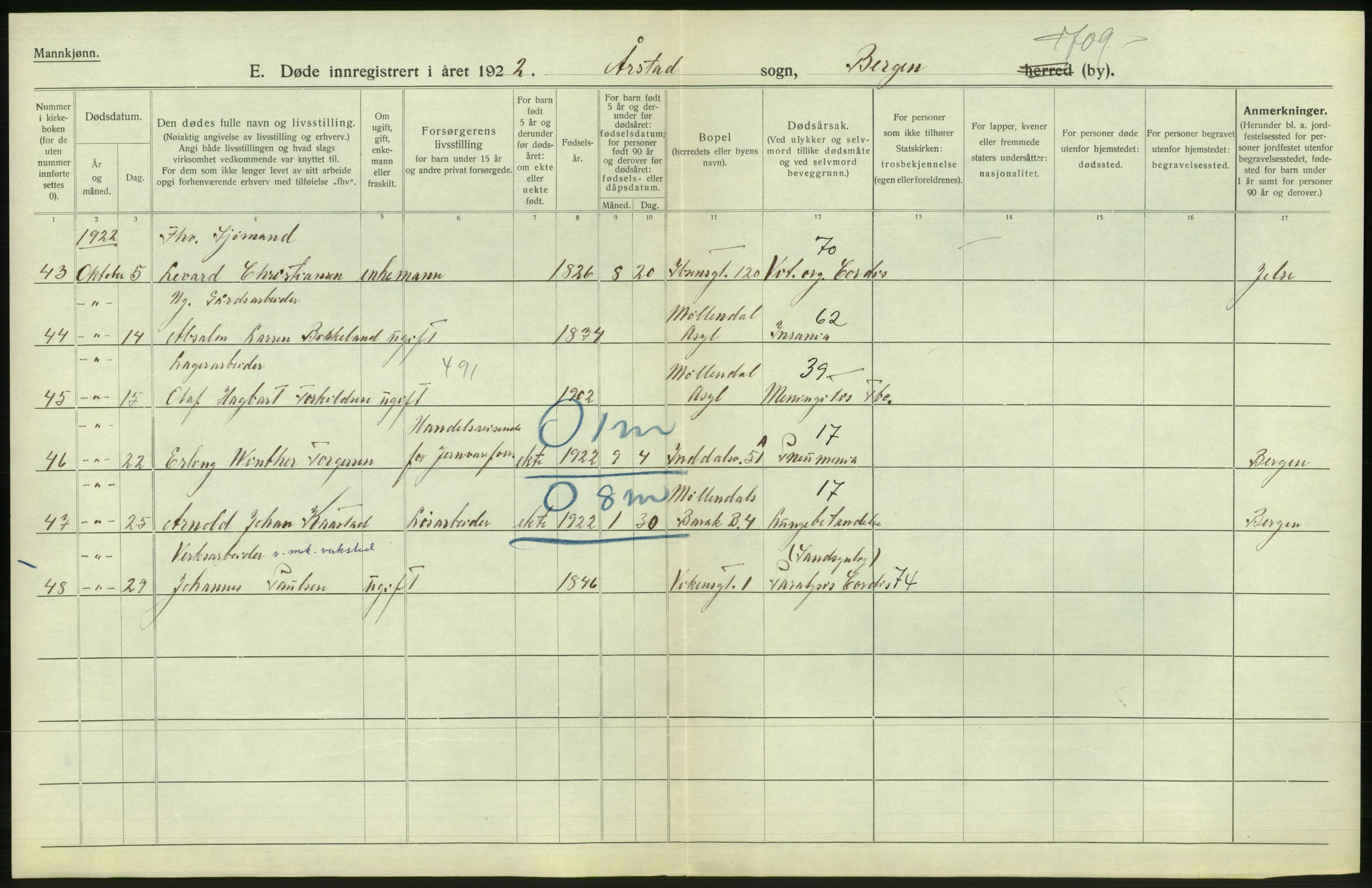 Statistisk sentralbyrå, Sosiodemografiske emner, Befolkning, AV/RA-S-2228/D/Df/Dfc/Dfcb/L0030: Bergen: Gifte, døde, dødfødte., 1922, s. 484