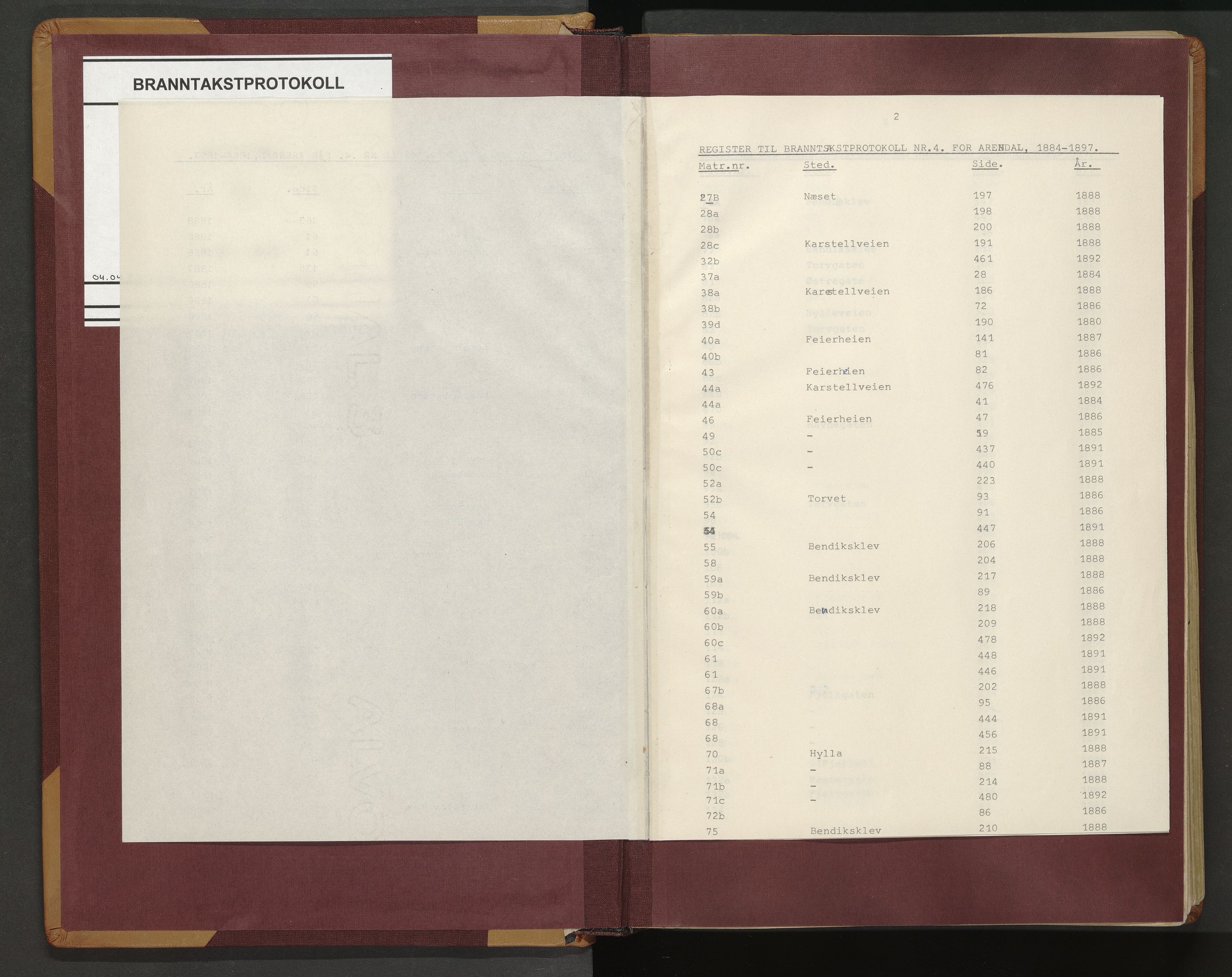 Norges Brannkasse Arendal, AV/SAK-2241-0002/F/Fa/L0021: Branntakstprotokoll nr. 19 med matrikkelnummerregister, 1884-1897