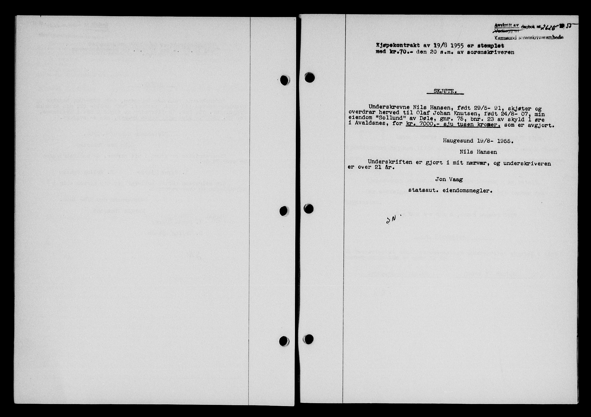 Karmsund sorenskriveri, SAST/A-100311/01/II/IIB/L0116: Pantebok nr. 96A, 1955-1955, Dagboknr: 2626/1955