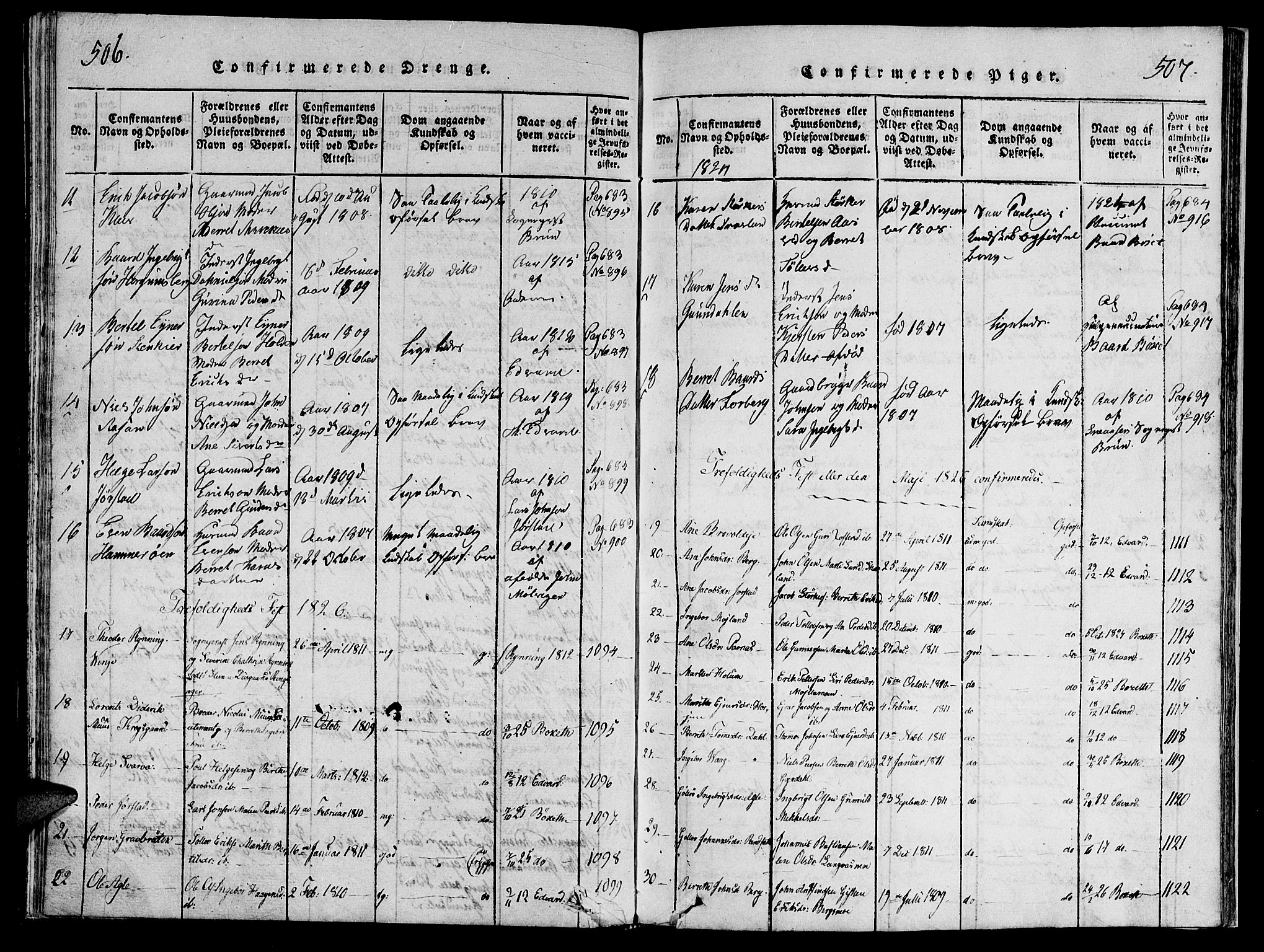 Ministerialprotokoller, klokkerbøker og fødselsregistre - Nord-Trøndelag, SAT/A-1458/749/L0479: Klokkerbok nr. 749C01, 1817-1829, s. 506-507