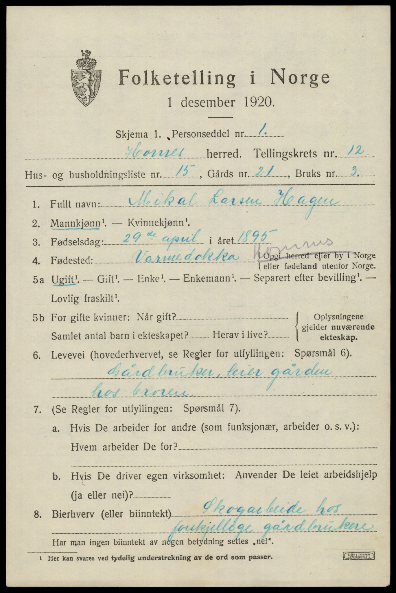 SAK, Folketelling 1920 for 0936 Hornnes herred, 1920, s. 3043