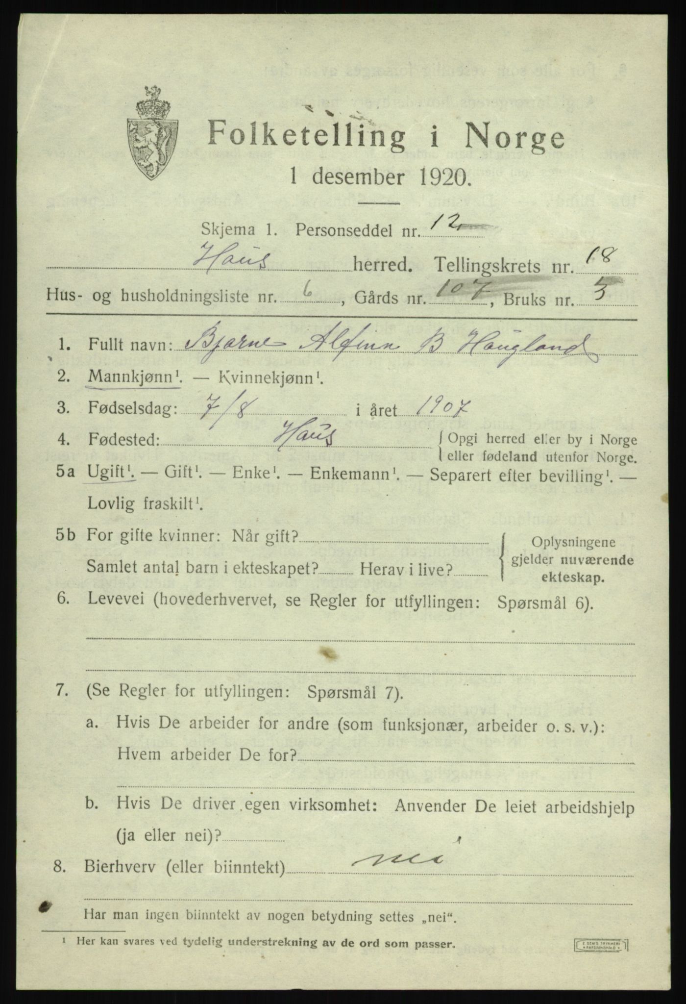 SAB, Folketelling 1920 for 1250 Haus herred, 1920, s. 11922