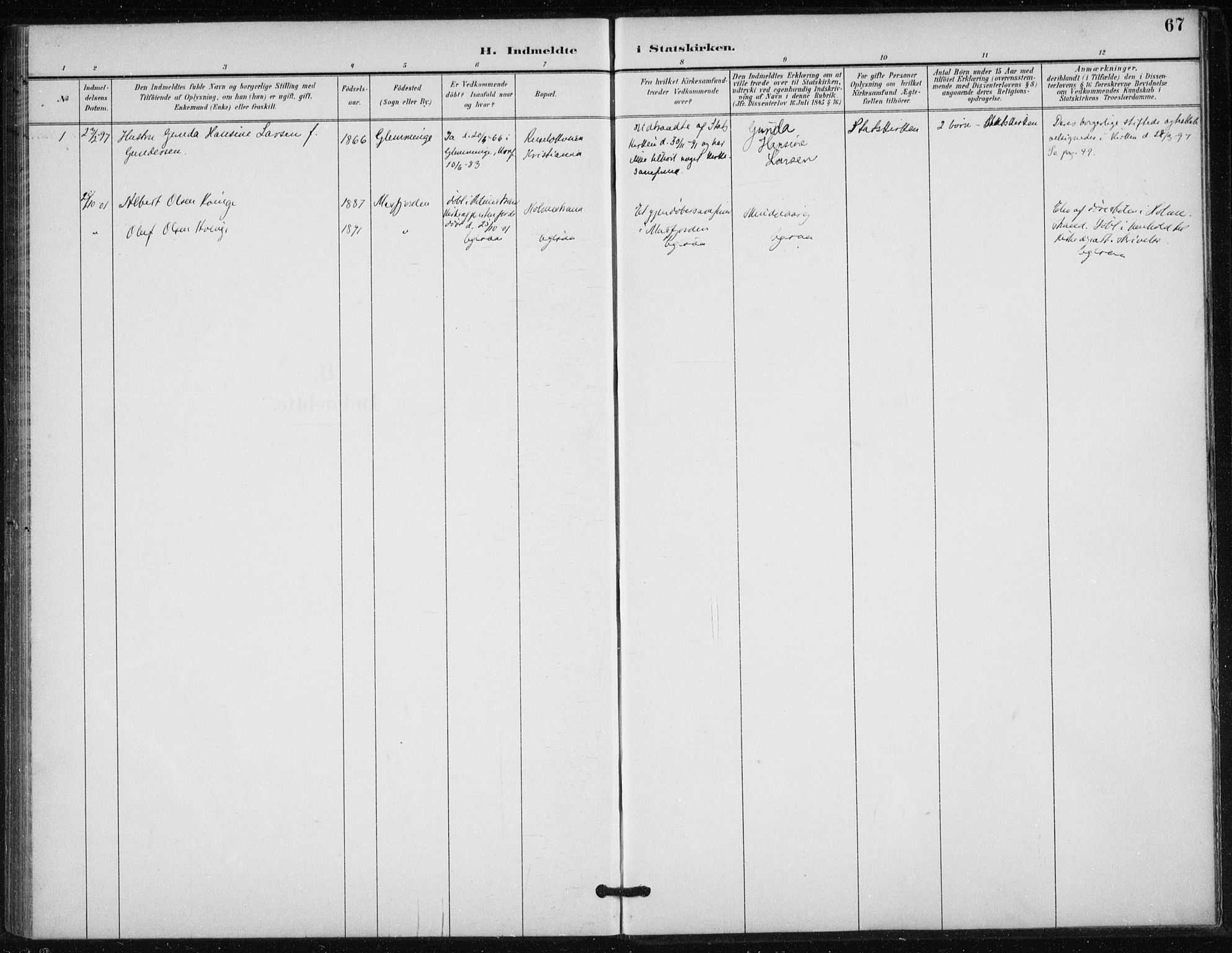 Døves menighet Oslo prestekontor kirkebøker, SAO/A-11064/F/L0001: Ministerialbok nr. 1, 1895-1919, s. 67