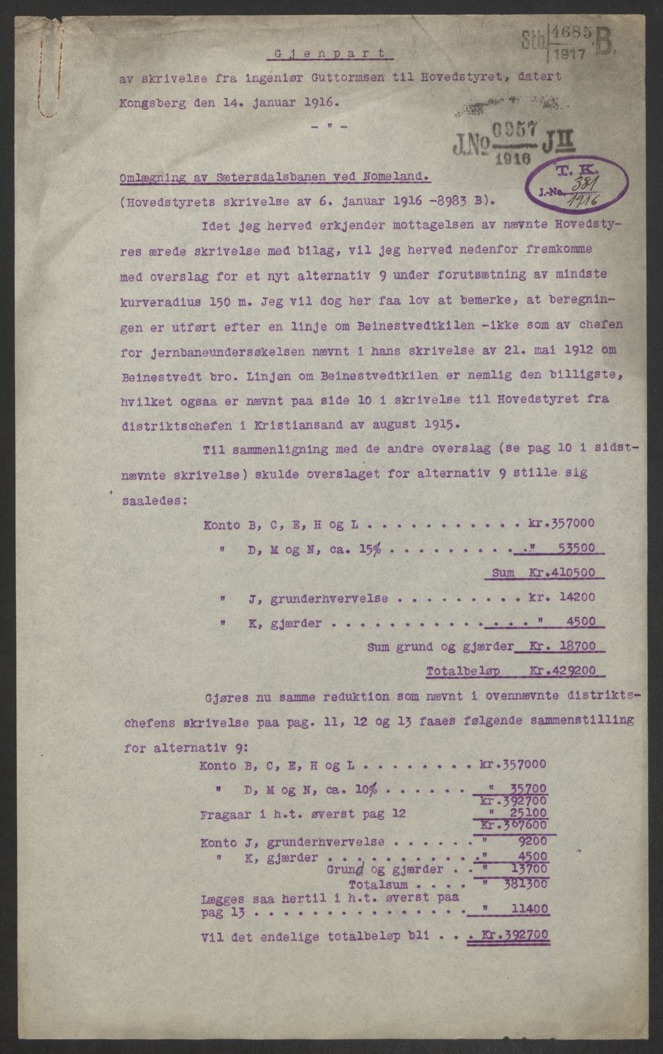 Norges Statsbaner, Baneavdelingen B, AV/RA-S-1619/1/F/Fa/L0211: SÆTERSDALSBANEN. OMLEGNINGEN RØYKNES-IVELAND (NOMELAND), 1915, s. 3