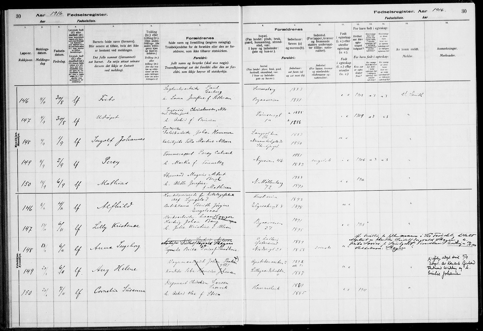 Ministerialprotokoller, klokkerbøker og fødselsregistre - Sør-Trøndelag, SAT/A-1456/600/L0002: Fødselsregister nr. 600.II.4.1, 1916-1920, s. 30