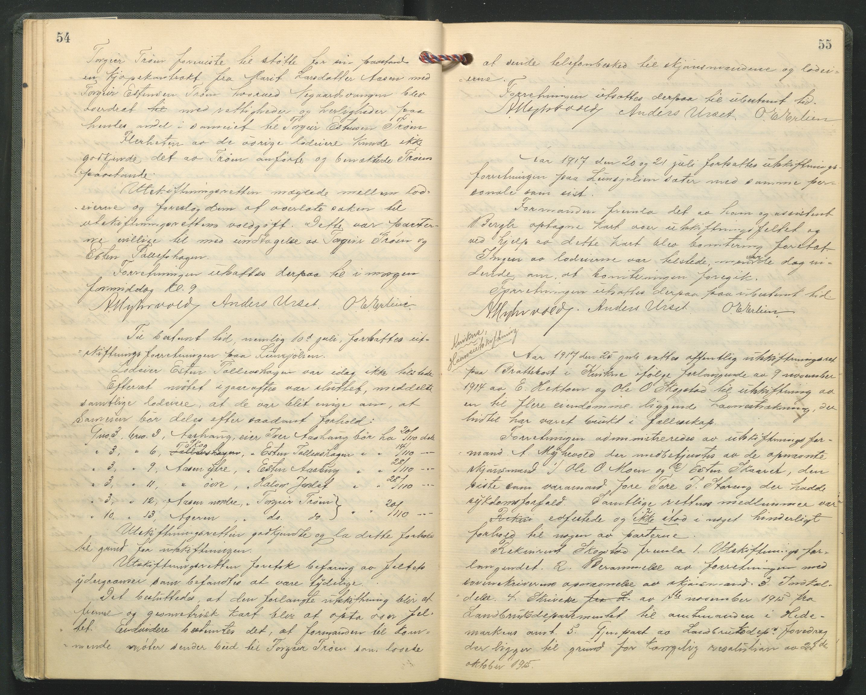 Hedmark og Østerdal jordskifterett, AV/SAH-JORDSKIFTEH-002/G/Ga/L0005/0001: Rettsbøker / Rettsbok - O, 1916-1921, s. 54-55