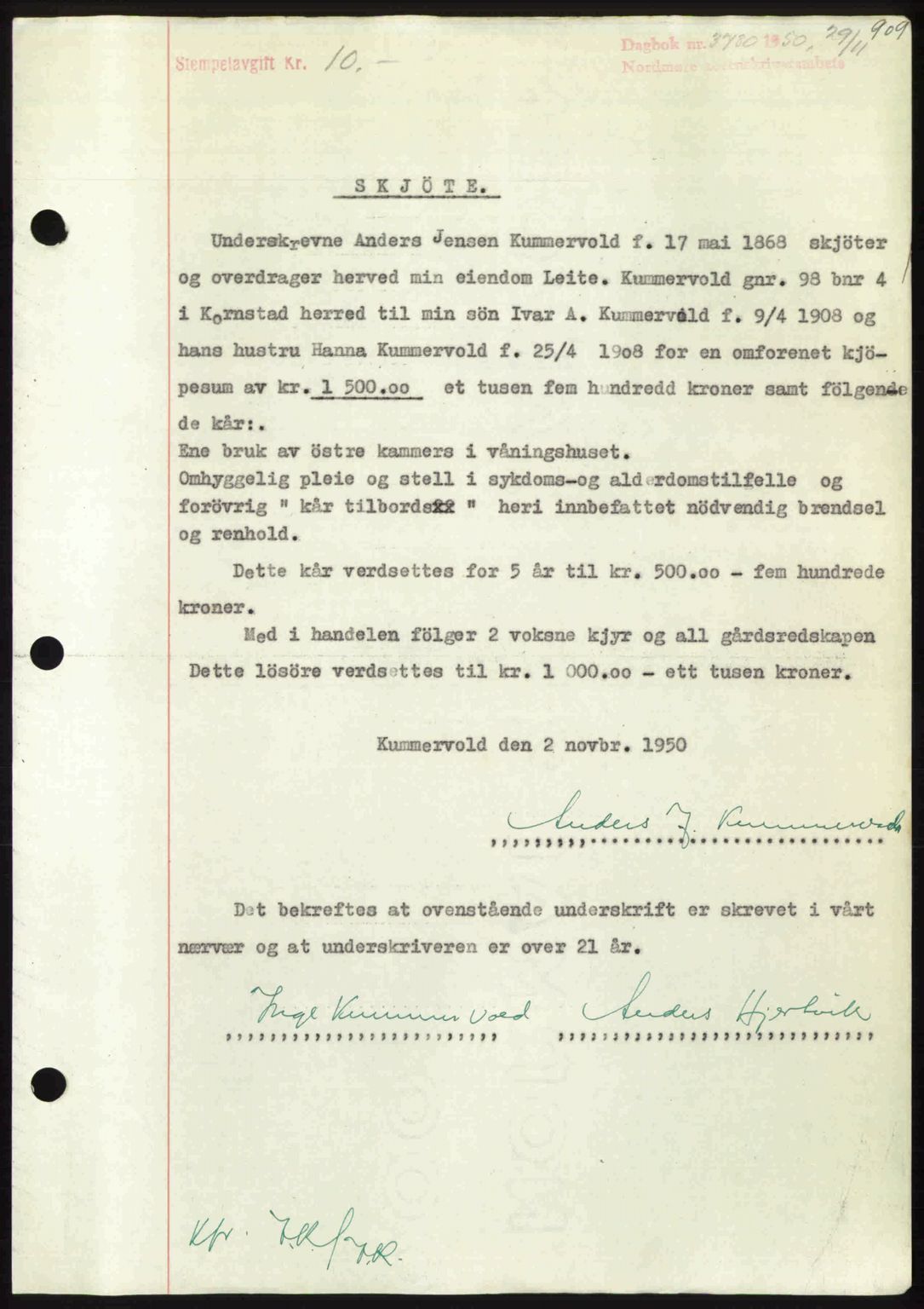 Nordmøre sorenskriveri, SAT/A-4132/1/2/2Ca: Pantebok nr. A116, 1950-1950, Dagboknr: 3780/1950