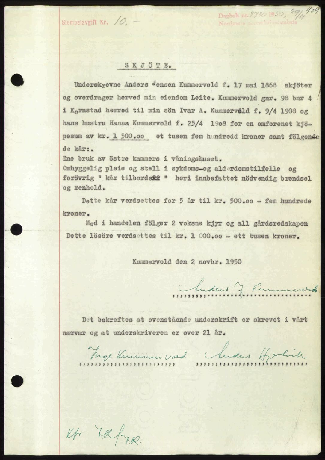 Nordmøre sorenskriveri, AV/SAT-A-4132/1/2/2Ca: Pantebok nr. A116, 1950-1950, Dagboknr: 3780/1950