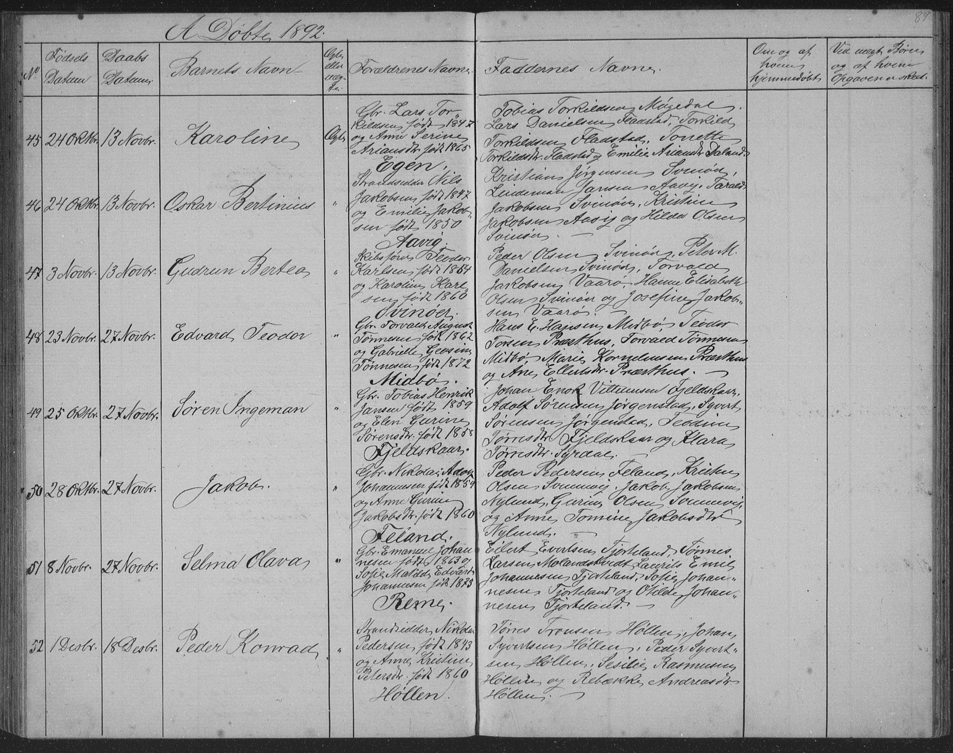 Sør-Audnedal sokneprestkontor, AV/SAK-1111-0039/F/Fb/Fba/L0003: Klokkerbok nr. B 3, 1879-1893, s. 89