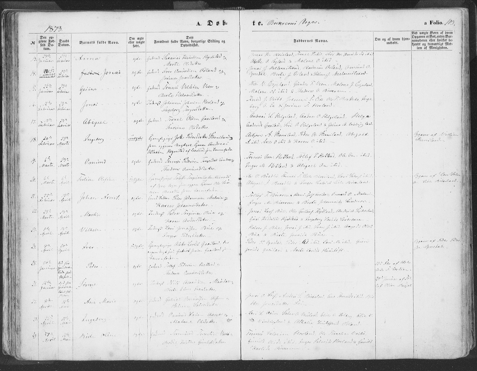 Helleland sokneprestkontor, SAST/A-101810: Ministerialbok nr. A 7.1, 1863-1886, s. 103