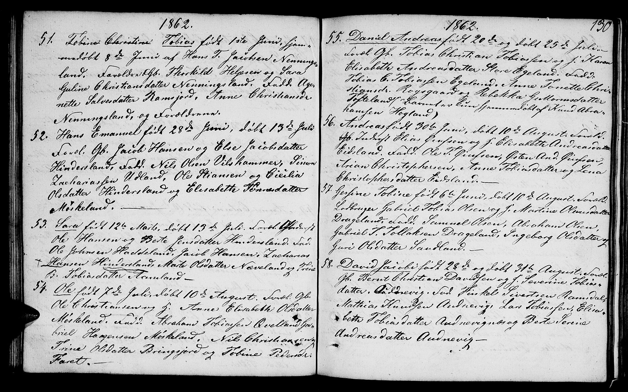 Lyngdal sokneprestkontor, AV/SAK-1111-0029/F/Fb/Fbc/L0002: Klokkerbok nr. B 2, 1849-1864, s. 130