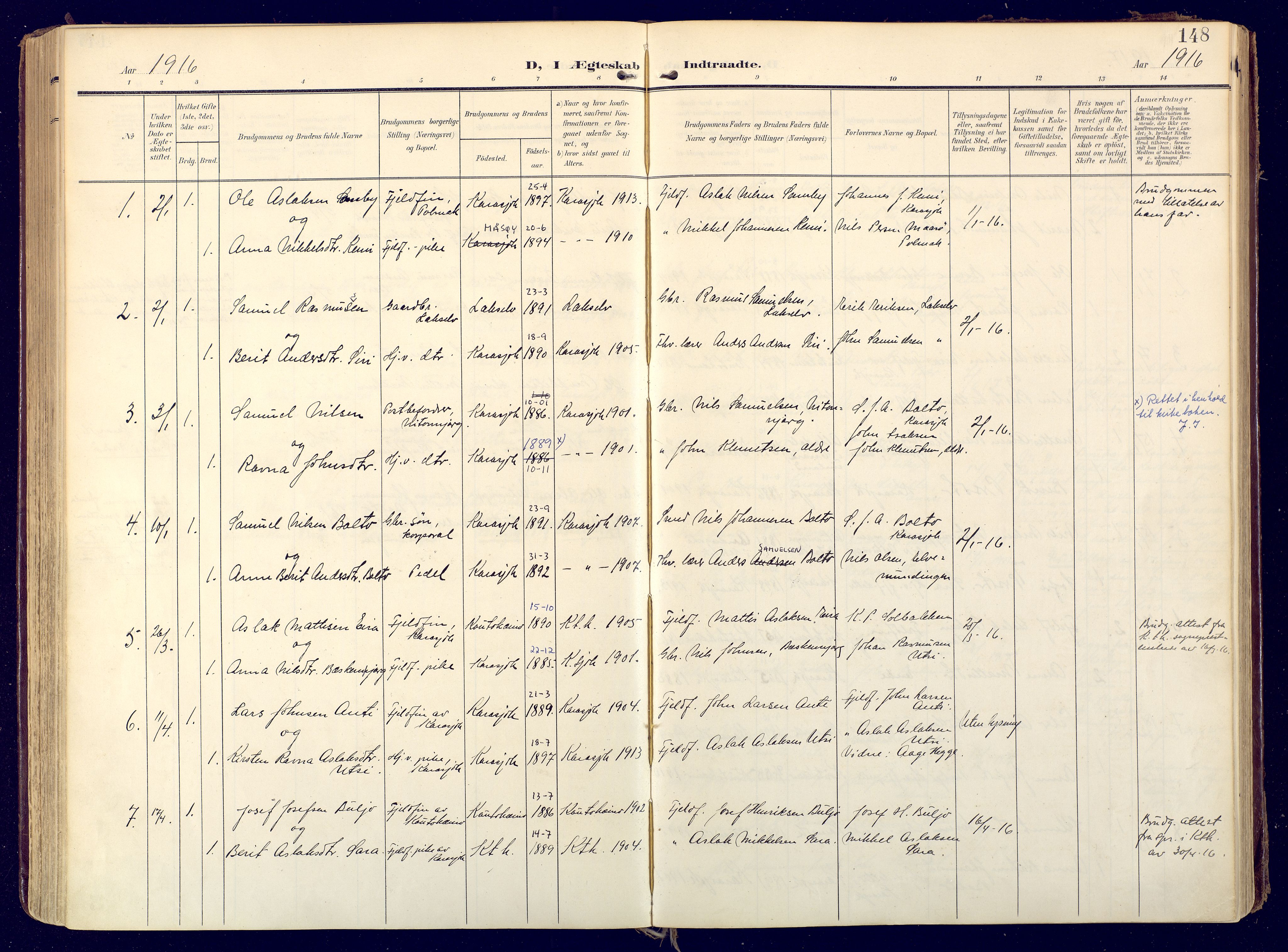 Karasjok sokneprestkontor, AV/SATØ-S-1352/H/Ha: Ministerialbok nr. 3, 1907-1926, s. 148