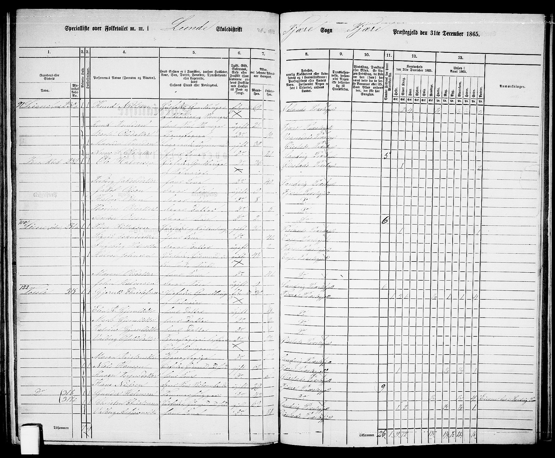 RA, Folketelling 1865 for 0923L Fjære prestegjeld, Fjære sokn, 1865, s. 156