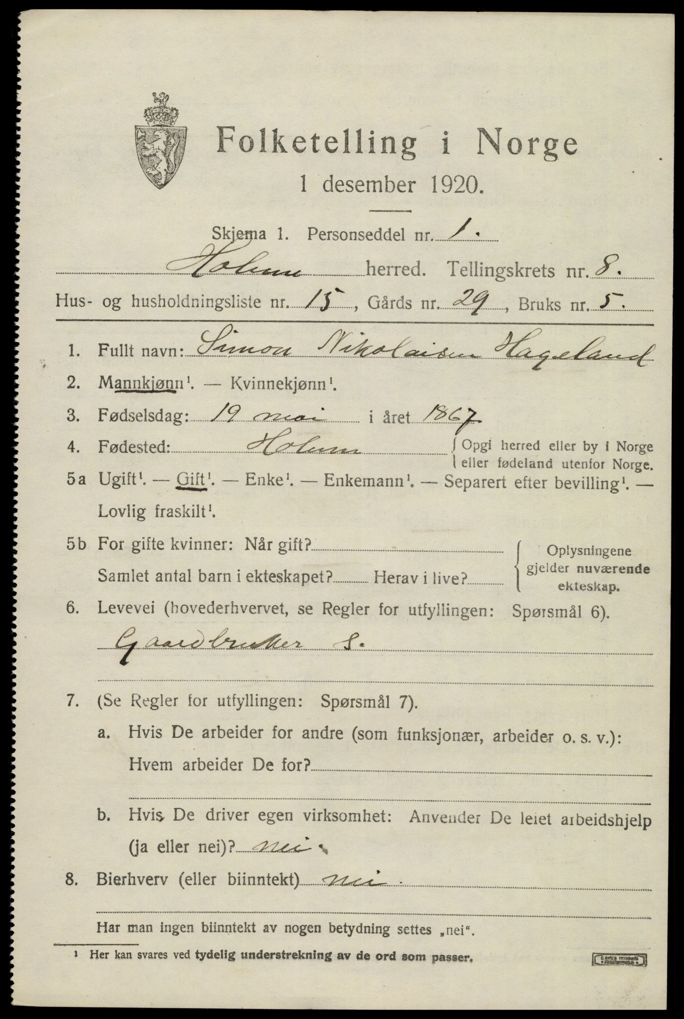 SAK, Folketelling 1920 for 1020 Holum herred, 1920, s. 2631