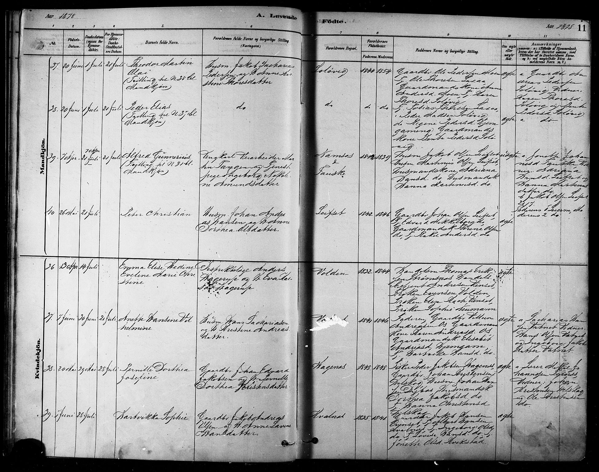 Ministerialprotokoller, klokkerbøker og fødselsregistre - Nordland, AV/SAT-A-1459/852/L0740: Ministerialbok nr. 852A10, 1878-1894, s. 11