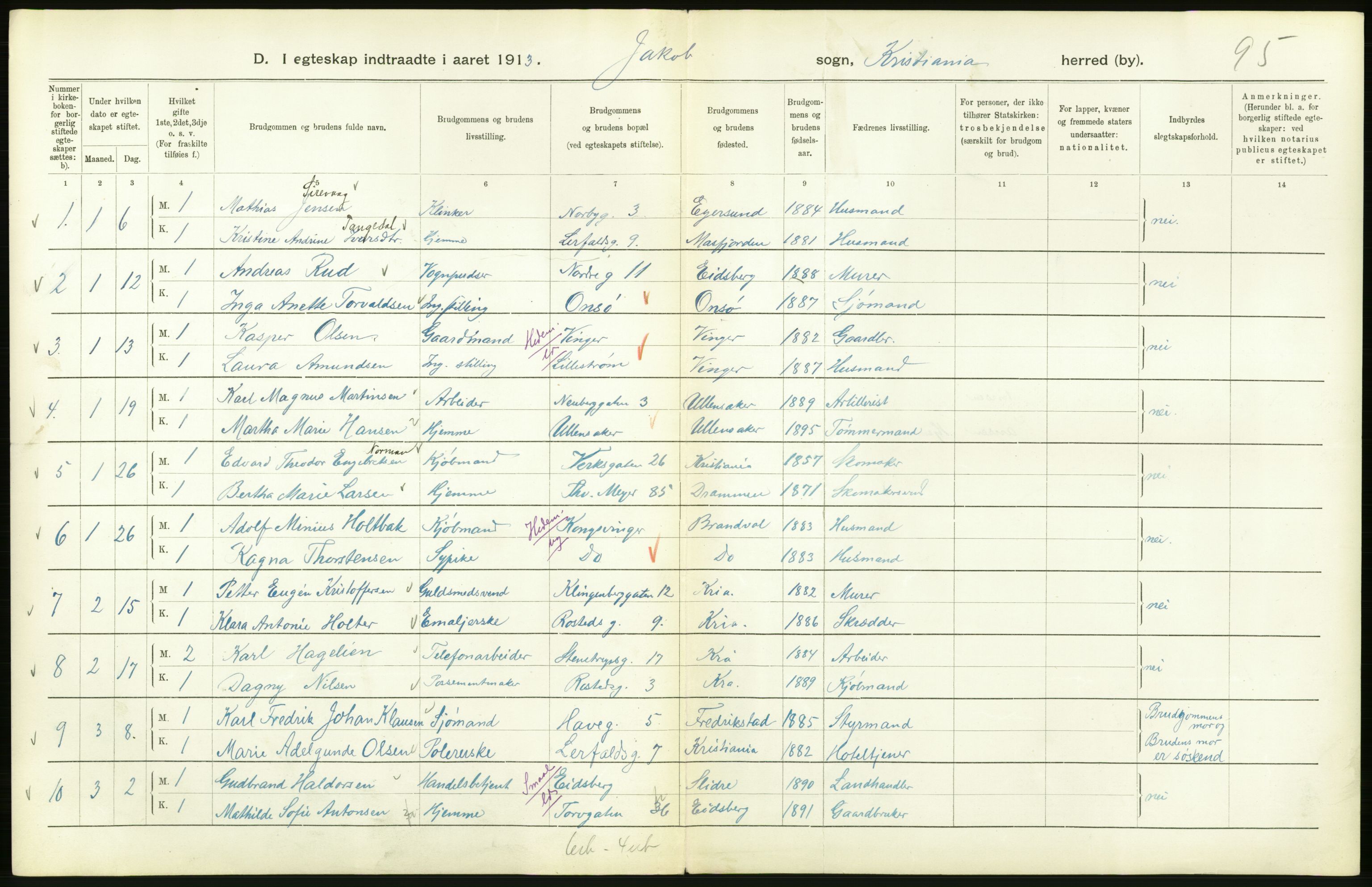 Statistisk sentralbyrå, Sosiodemografiske emner, Befolkning, AV/RA-S-2228/D/Df/Dfb/Dfbc/L0008: Kristiania: Gifte., 1913, s. 268