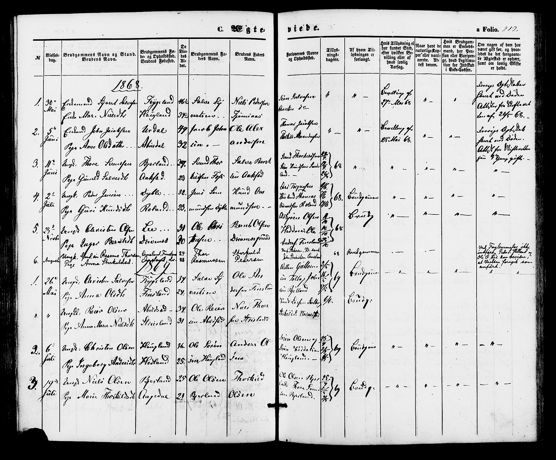 Bjelland sokneprestkontor, AV/SAK-1111-0005/F/Fa/Faa/L0003: Ministerialbok nr. A 3, 1867-1887, s. 212