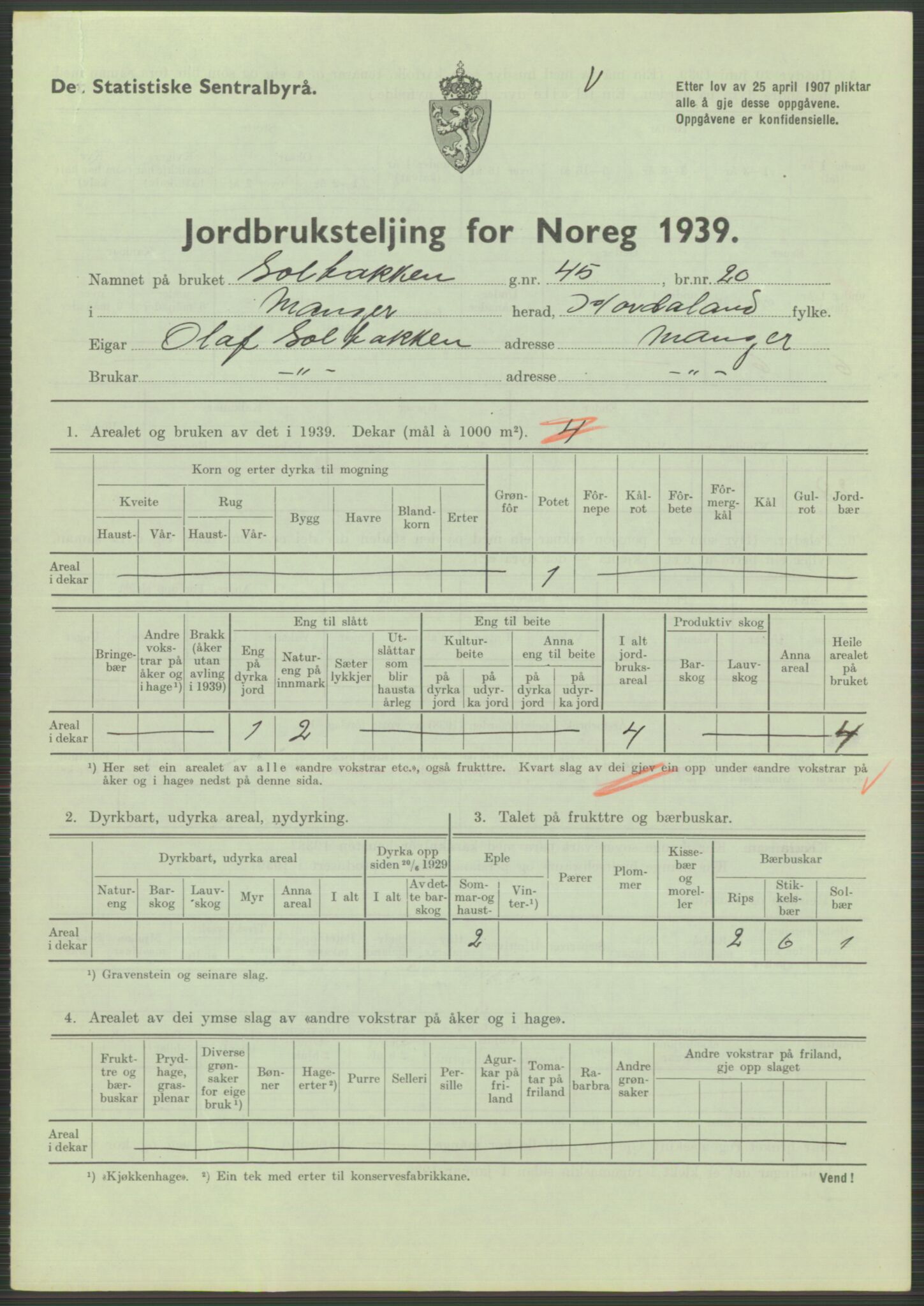 Statistisk sentralbyrå, Næringsøkonomiske emner, Jordbruk, skogbruk, jakt, fiske og fangst, AV/RA-S-2234/G/Gb/L0211: Hordaland: Herdla, Hjelme og Manger, 1939, s. 1439