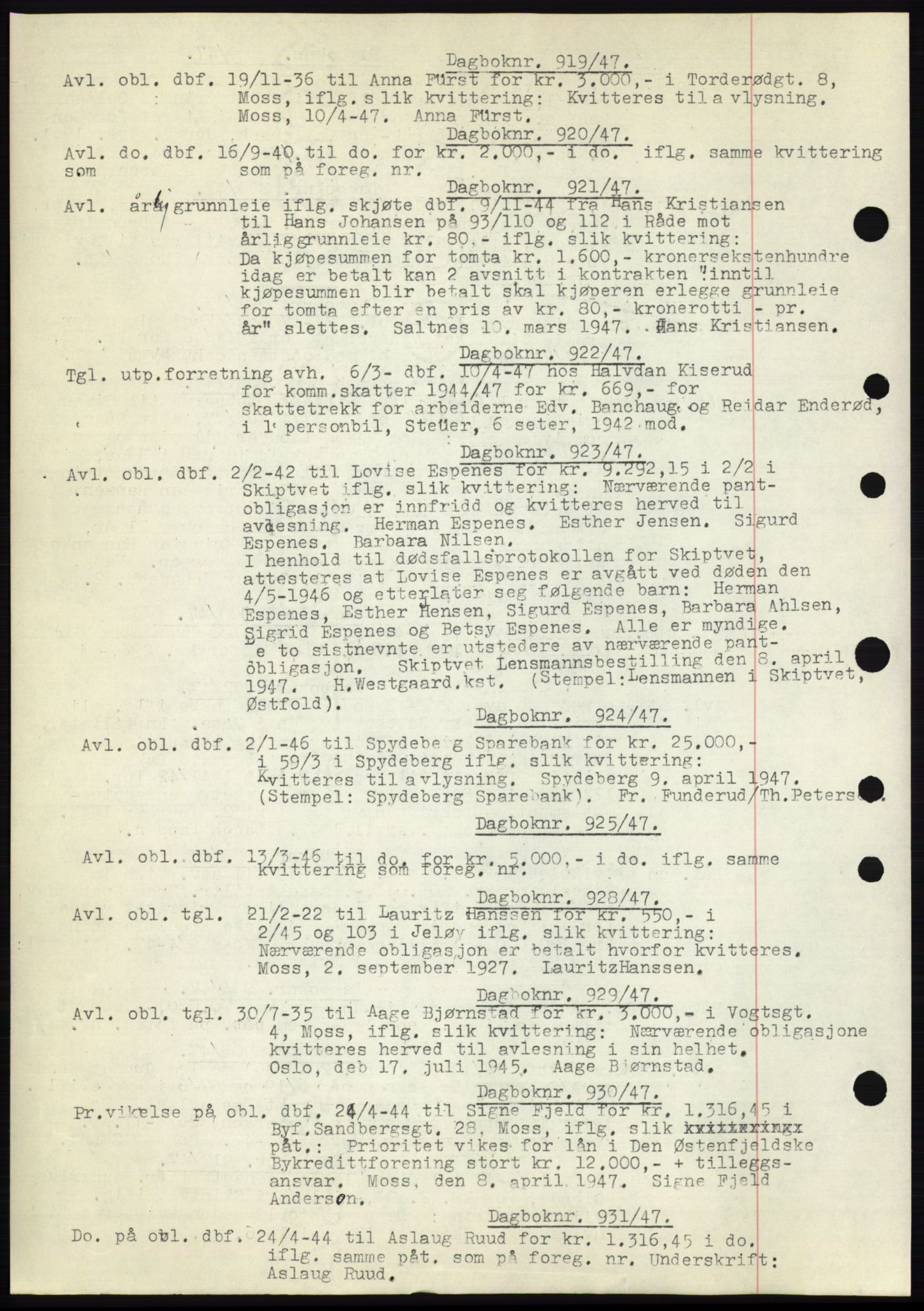Moss sorenskriveri, SAO/A-10168: Pantebok nr. C10, 1938-1950, Dagboknr: 919/1947