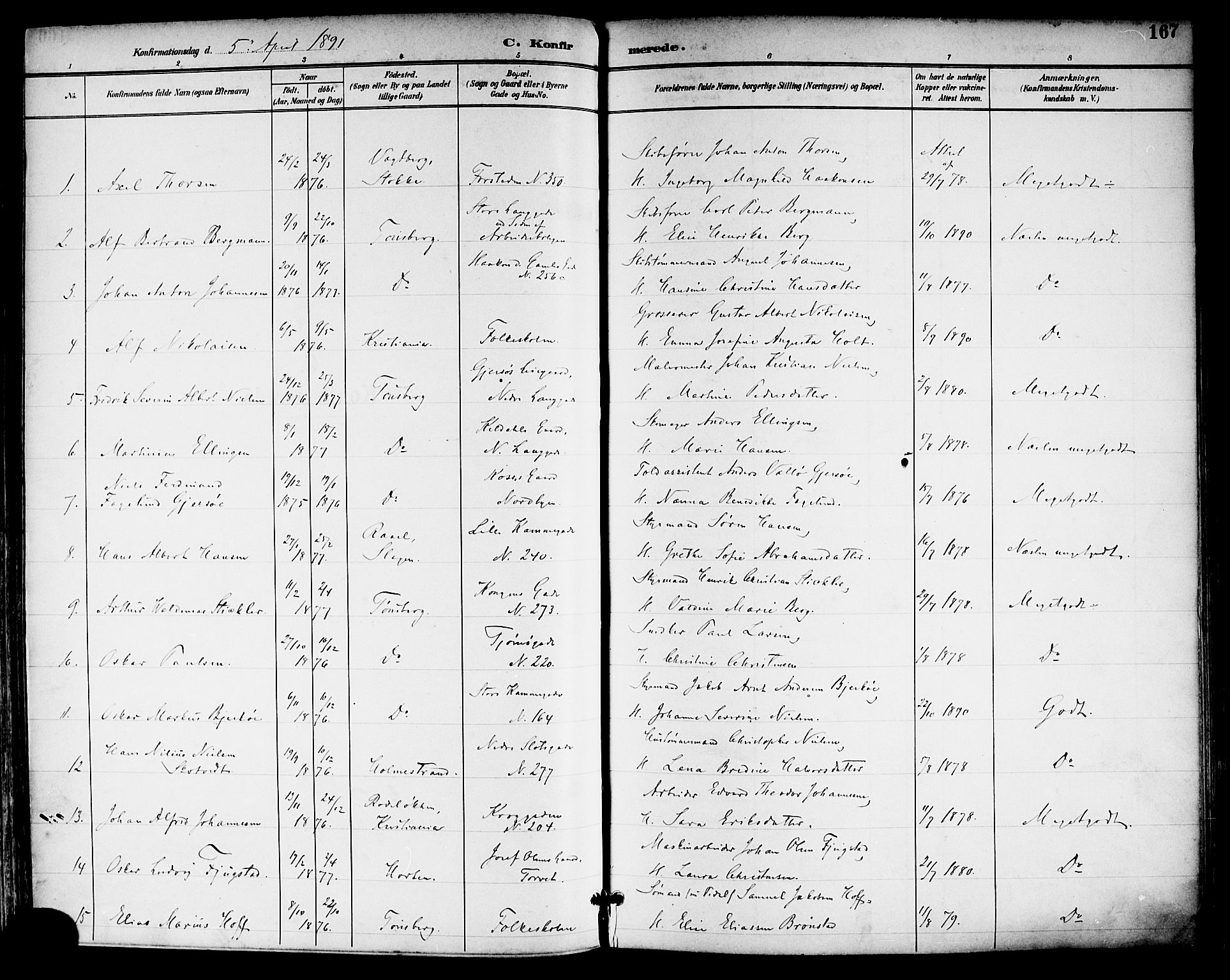 Tønsberg kirkebøker, AV/SAKO-A-330/F/Fa/L0012: Ministerialbok nr. I 12, 1891-1899, s. 167