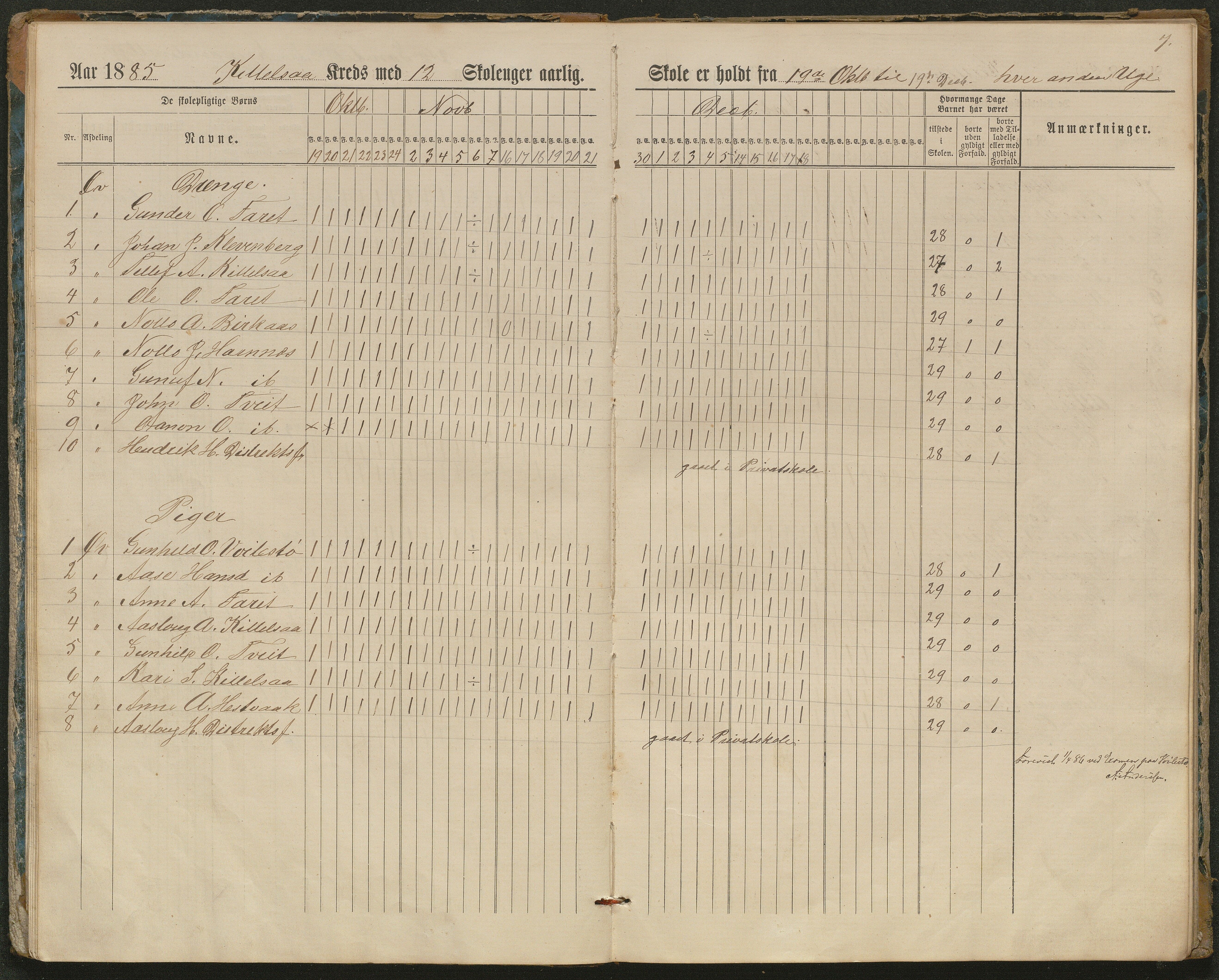 Hornnes kommune, Kjetså, Fennefoss skolekrets, AAKS/KA0936-550c/F1/L0002: Skoleprotokoll. Kjetså og Fennefoss, 1884-1896, s. 7