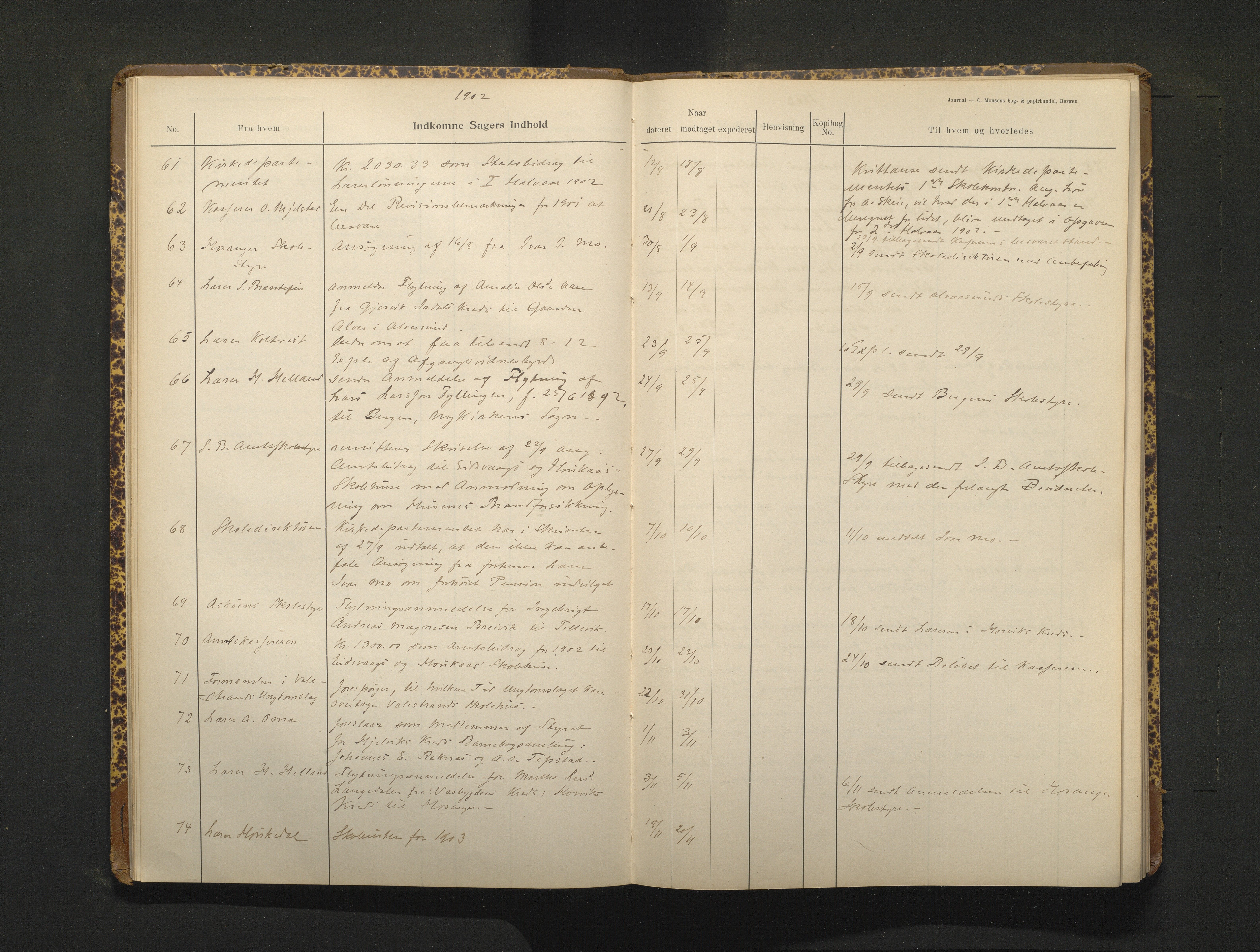 Hamre kommune. Skulestyret, IKAH/1254-211/C/Ca/L0003: Postjournal for Hamre skulestyre, 1901-1916