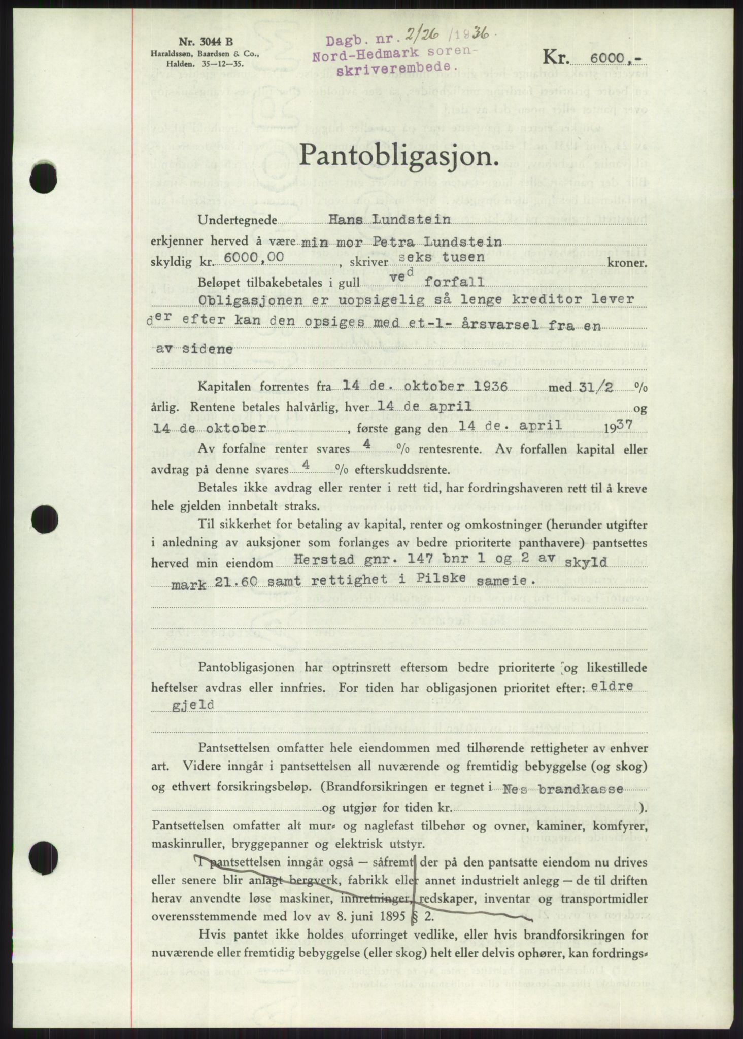 Nord-Hedmark sorenskriveri, SAH/TING-012/H/Hb/Hbf/L0001: Pantebok nr. B1, 1936-1936, Dagboknr: 2126/1936