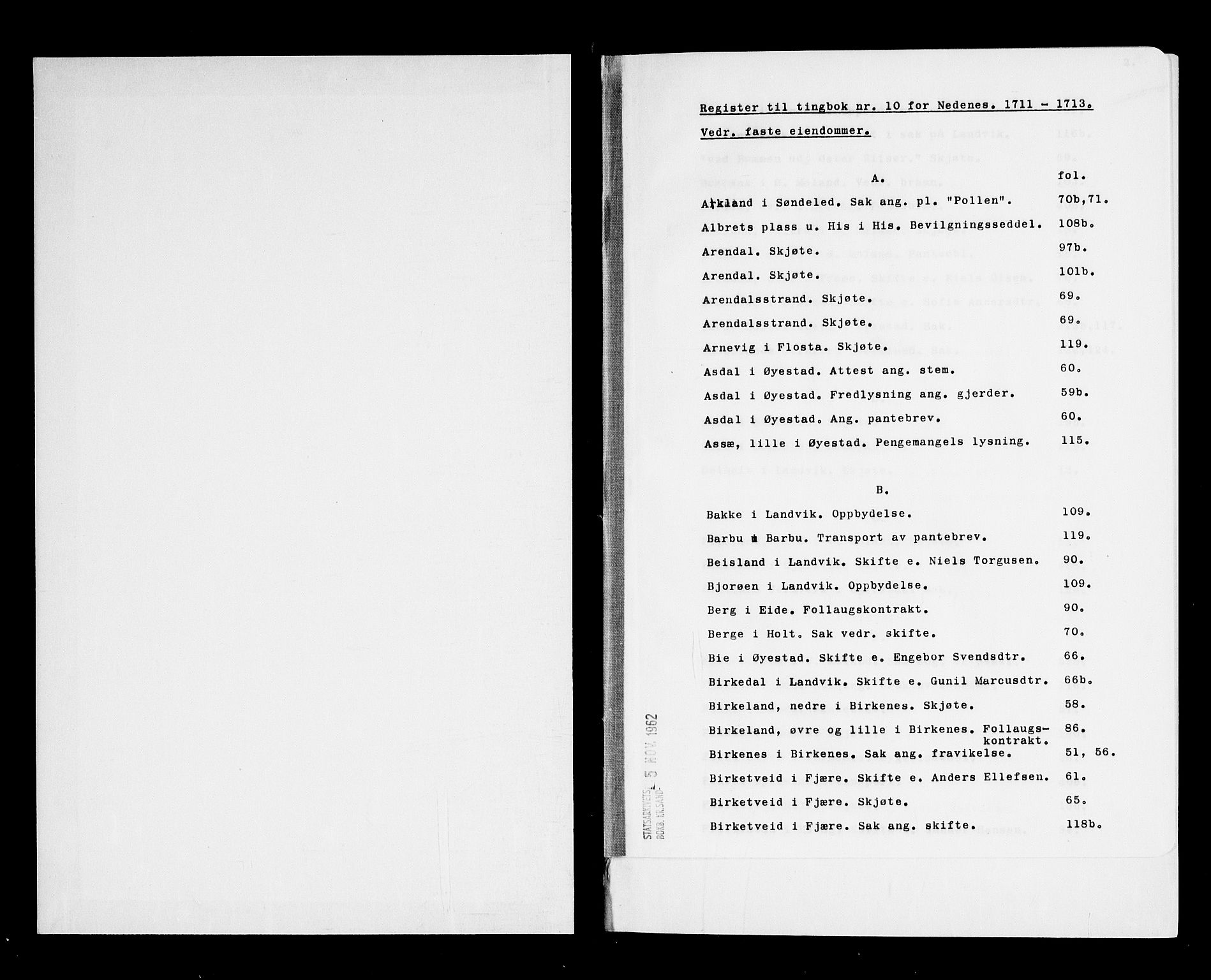 Nedenes sorenskriveri før 1824, AV/SAK-1221-0007/F/Fa/L0015: Tingbok med register nr 10, 1711-1713