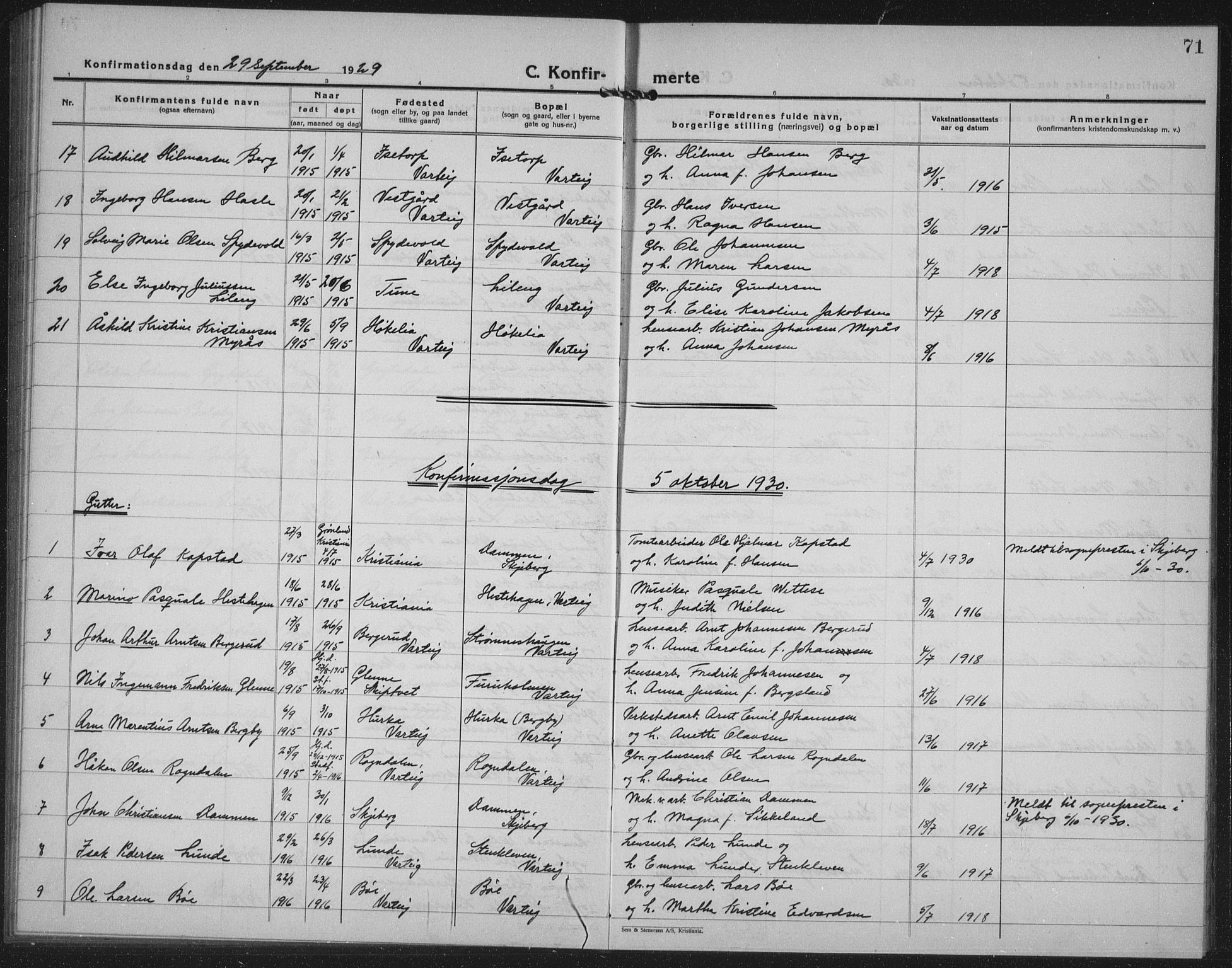 Varteig prestekontor Kirkebøker, AV/SAO-A-10447a/G/Ga/L0002: Klokkerbok nr. 2, 1924-1941, s. 71