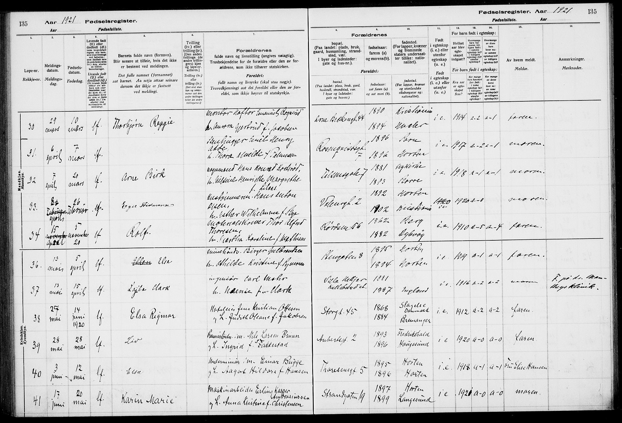 Horten kirkebøker, AV/SAKO-A-348/J/Ja/L0001: Fødselsregister nr. 1, 1916-1923, s. 135