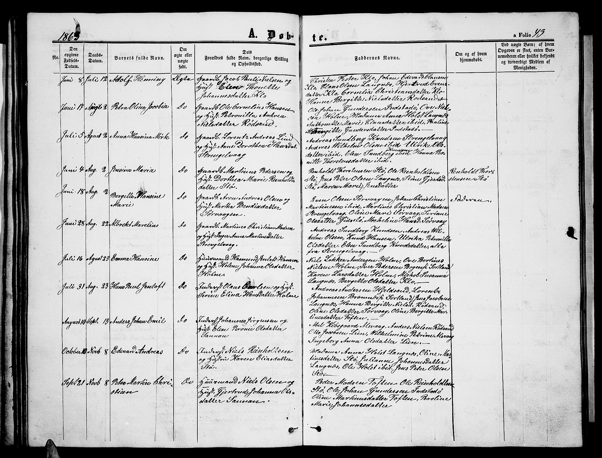 Ministerialprotokoller, klokkerbøker og fødselsregistre - Nordland, AV/SAT-A-1459/893/L1347: Klokkerbok nr. 893C02, 1858-1866, s. 43