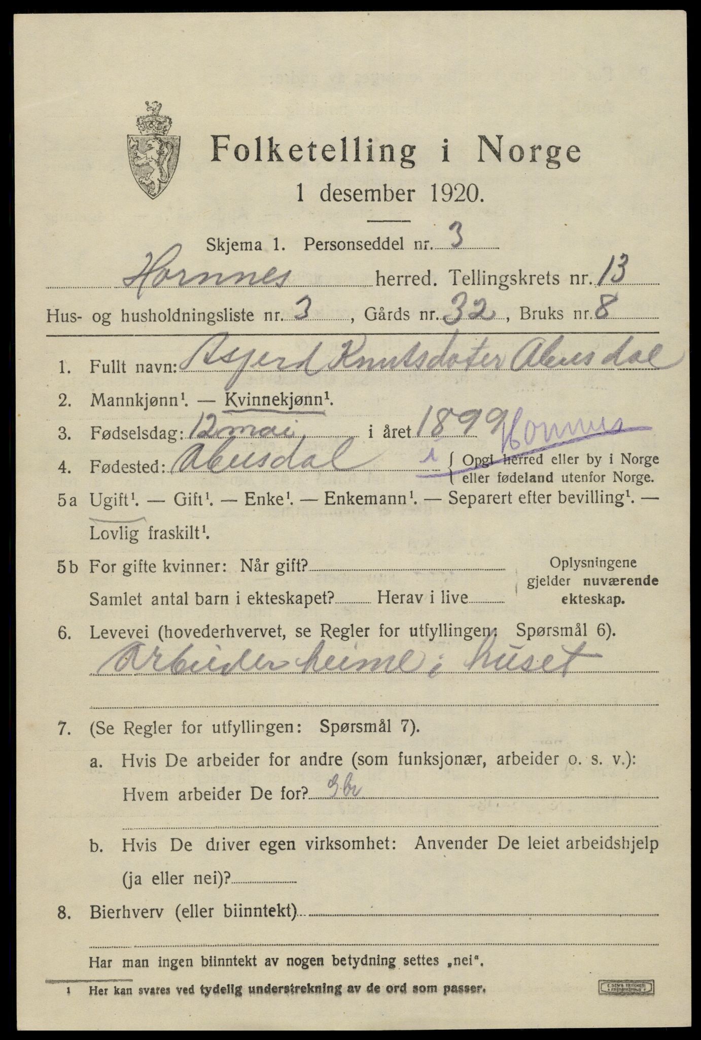 SAK, Folketelling 1920 for 0936 Hornnes herred, 1920, s. 3083