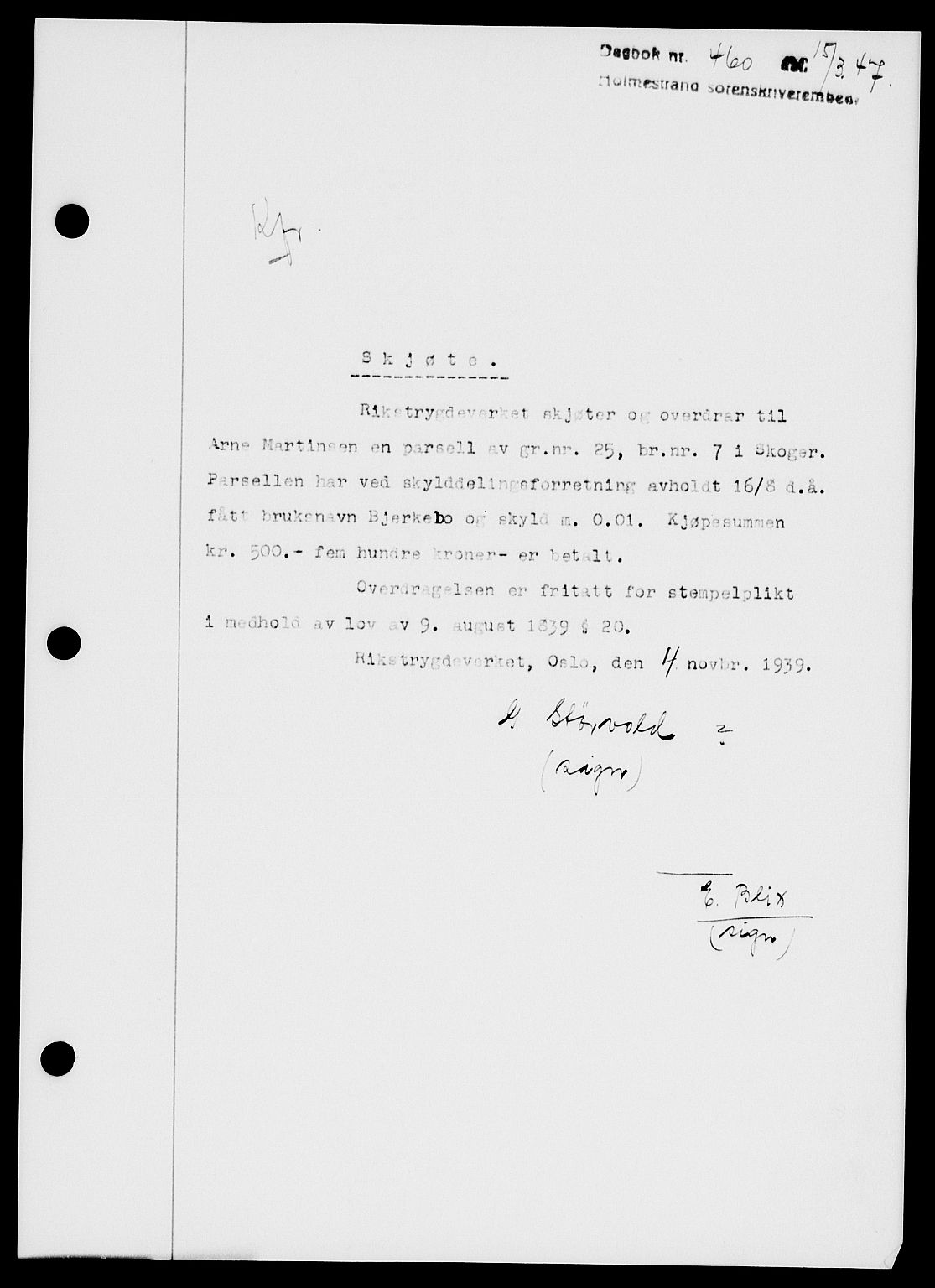 Holmestrand sorenskriveri, SAKO/A-67/G/Ga/Gaa/L0061: Pantebok nr. A-61, 1946-1947, Dagboknr: 460/1947