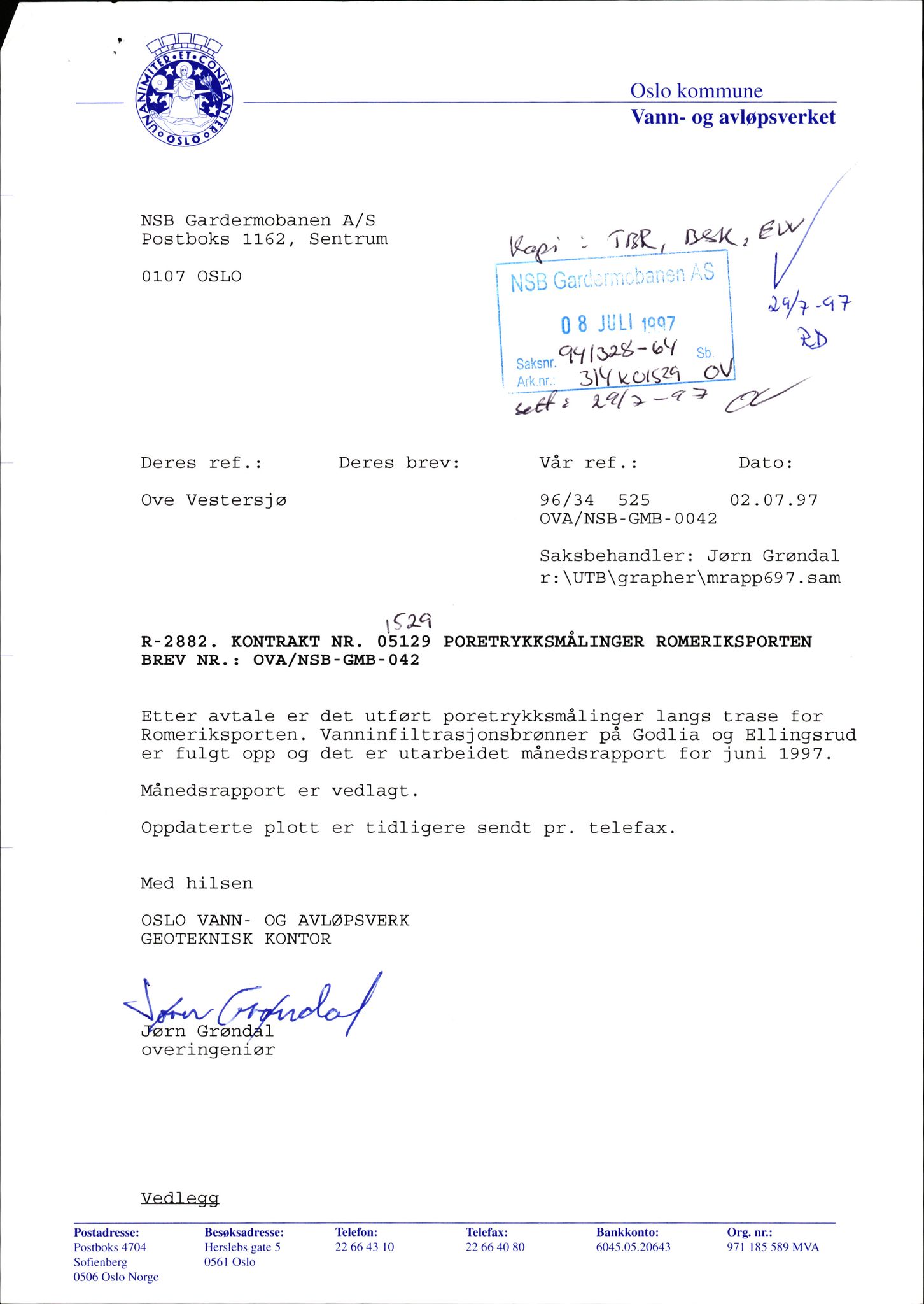 Norges statsbaner, Gardermobanen, AV/RA-S-4262/D/L0290: Oslo S-Åråsen - Romeriksporten - poretrykksmålere k01529 Oslo kommune van- og avløpsverk - 94/00328, 1996-1998, s. 3