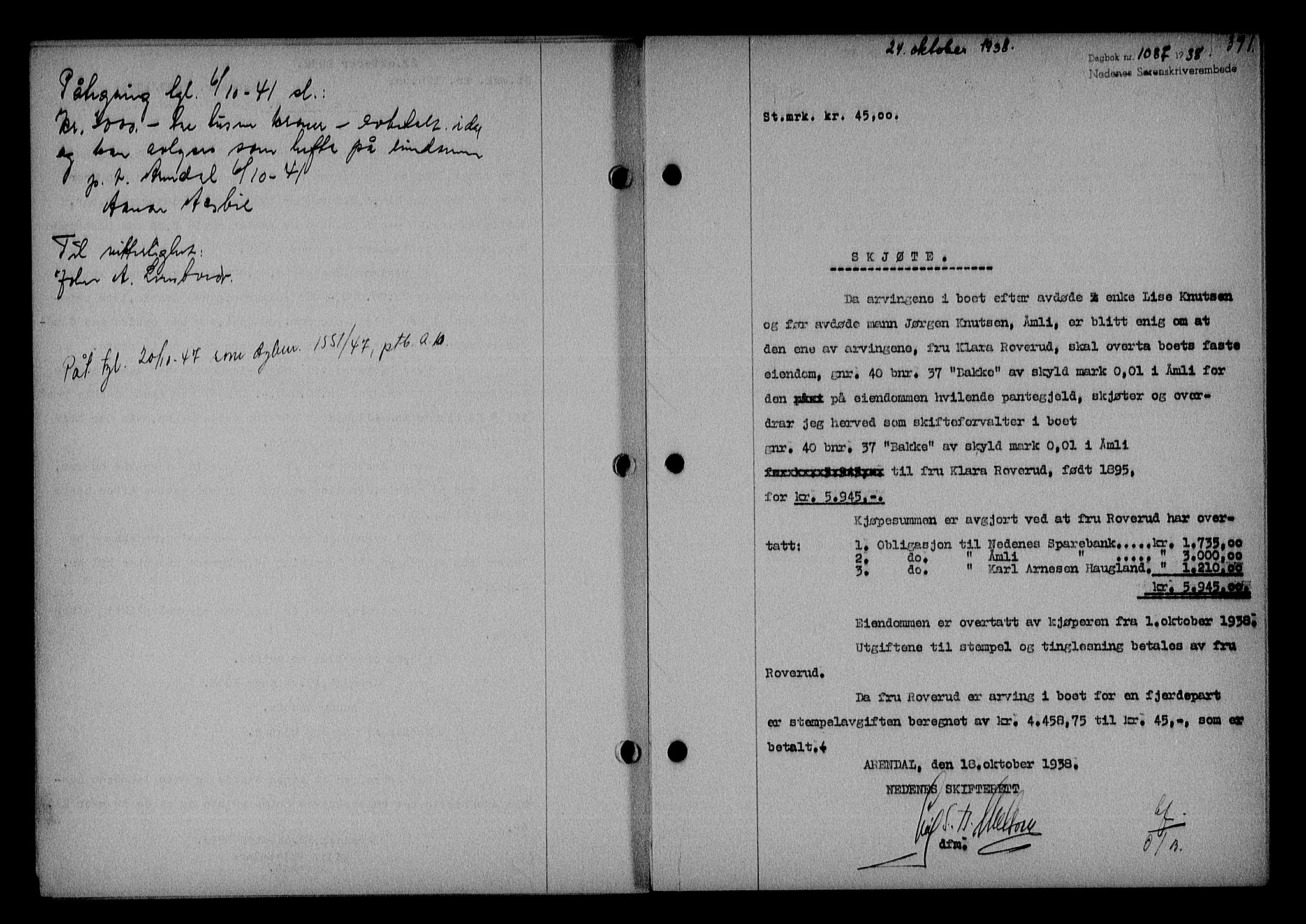 Nedenes sorenskriveri, SAK/1221-0006/G/Gb/Gba/L0045: Pantebok nr. 41, 1938-1938, Dagboknr: 1087/1938