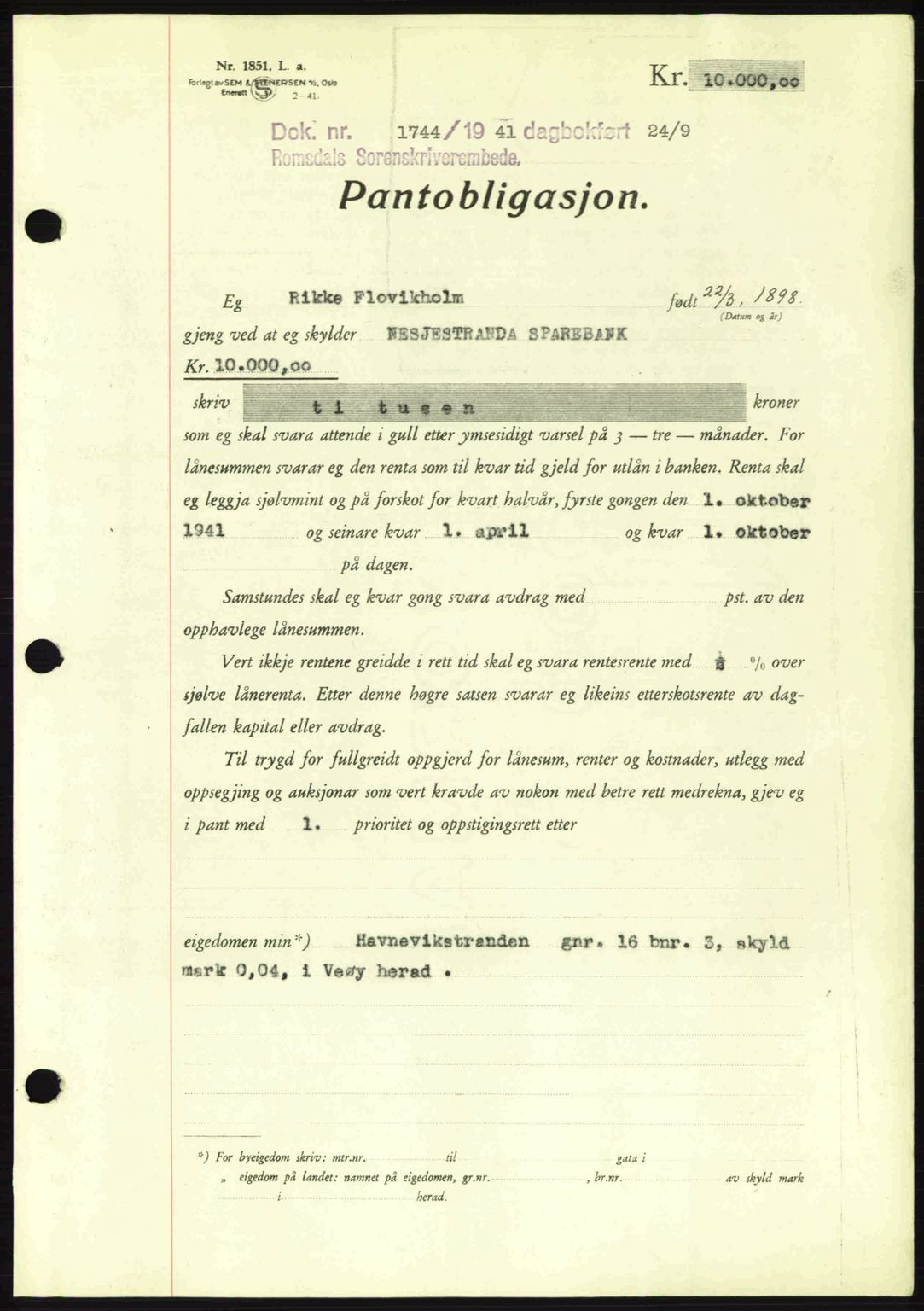 Romsdal sorenskriveri, SAT/A-4149/1/2/2C: Pantebok nr. B2, 1939-1945, Dagboknr: 1744/1941