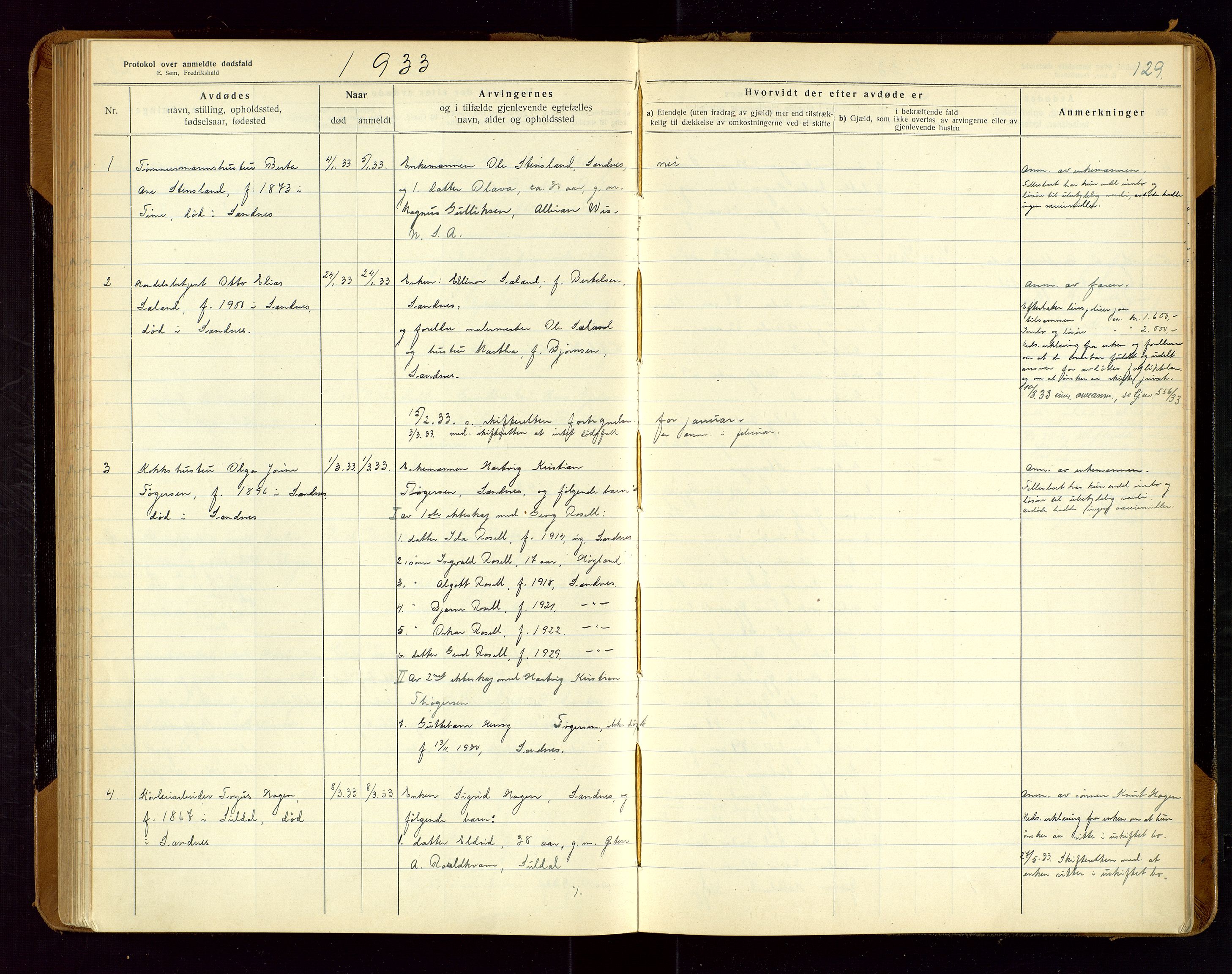 Sandnes lensmannskontor, SAST/A-100167/Gga/L0001: "Protokol over anmeldte dødsfald" m/register, 1918-1940, s. 129