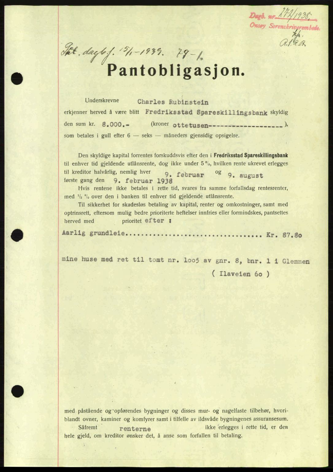 Onsøy sorenskriveri, SAO/A-10474/G/Ga/Gac/L0001: Pantebok nr. B1, 1936-1938, Dagboknr: 272/1938