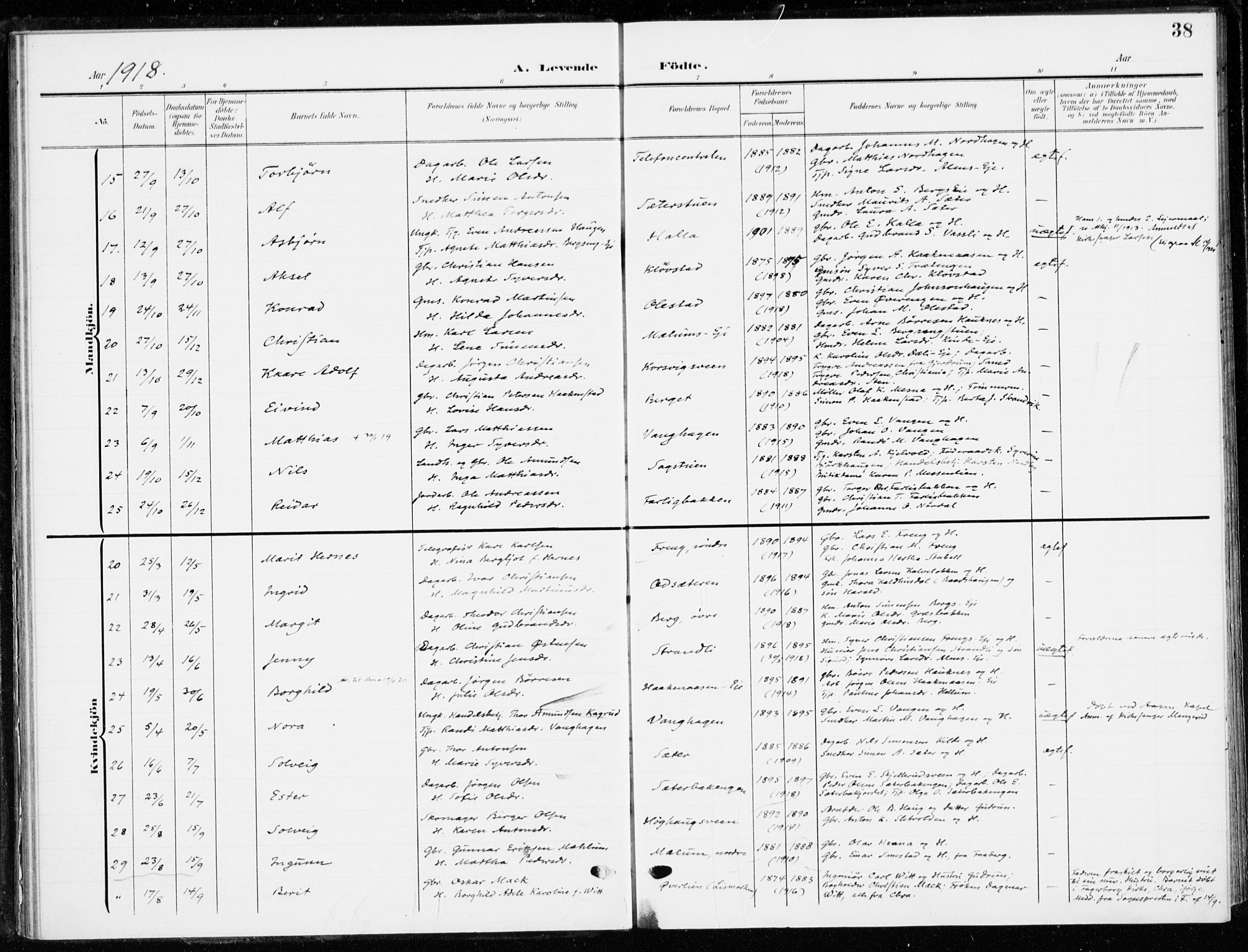 Ringsaker prestekontor, AV/SAH-PREST-014/K/Ka/L0021: Ministerialbok nr. 21, 1905-1920, s. 38